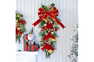 ArcadiaArt Christmas Swag Outdoor Teardrop Swag Christmas Teardrop Wreath- 36 Inch Green Evergreen Stair Swag Decorated with Red Rose Flowers,Velvet Bow Ribbon,Ball Ornaments for Front Door Stairway