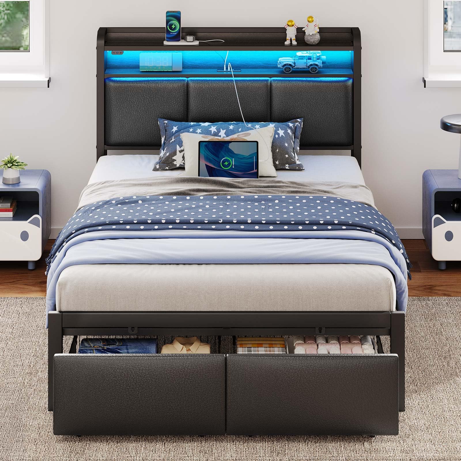 Rolanstar Bed Frame Twin Size with Charging Station and LED Lights, Upholstered Headboard with Storage Shelves, Heavy Duty Metal Slats, No Box Spring Need, Noise Free, Easy Assembly, Black Image
