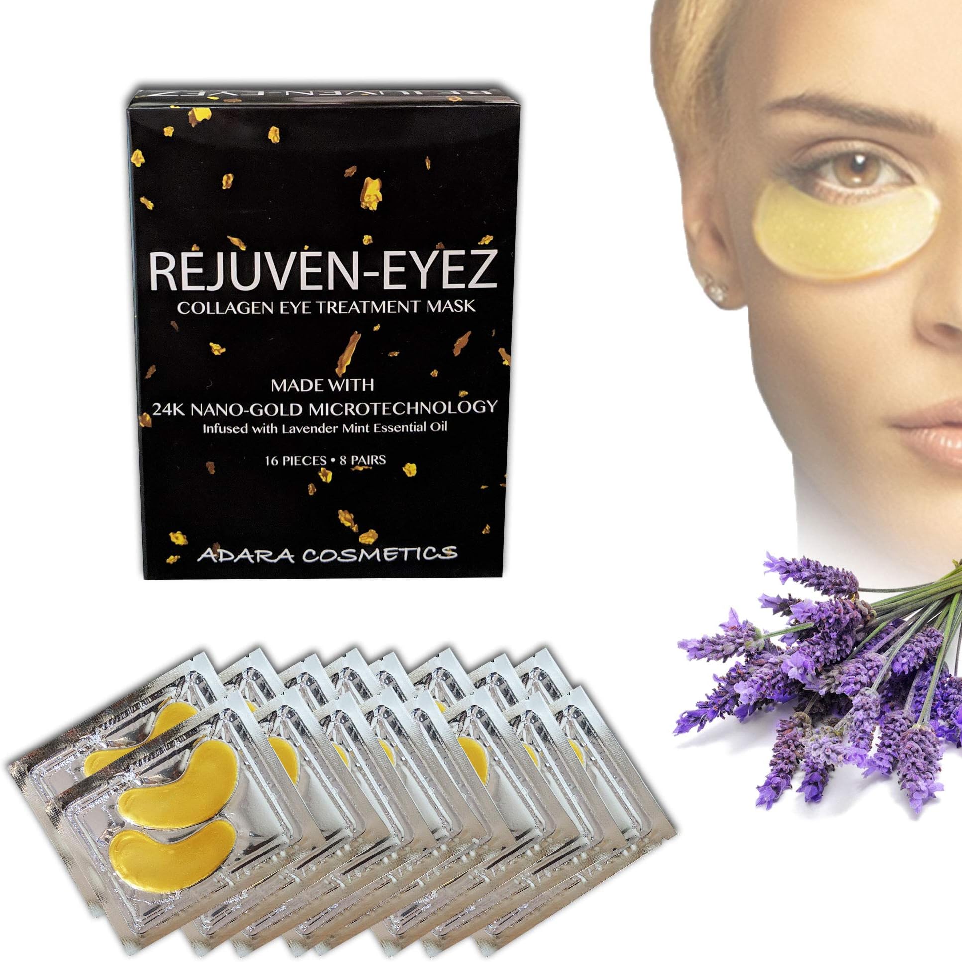 REJUVEN-EYEZ - 24K Gold Collagen Eye Mask Treatment Infused with Lavender Essential Oil - Reduce Dark Circles, Eye Bags, Puffiness