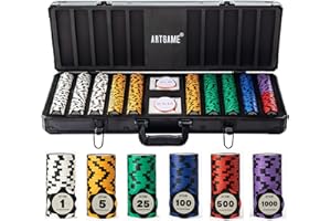 ARTGAME 14 Gram Clay Poker Chip Set for Texas Hold’em, 500 Pcs Casino Style Chips, with K-Type Aluminum Case and Dealer Buttons.