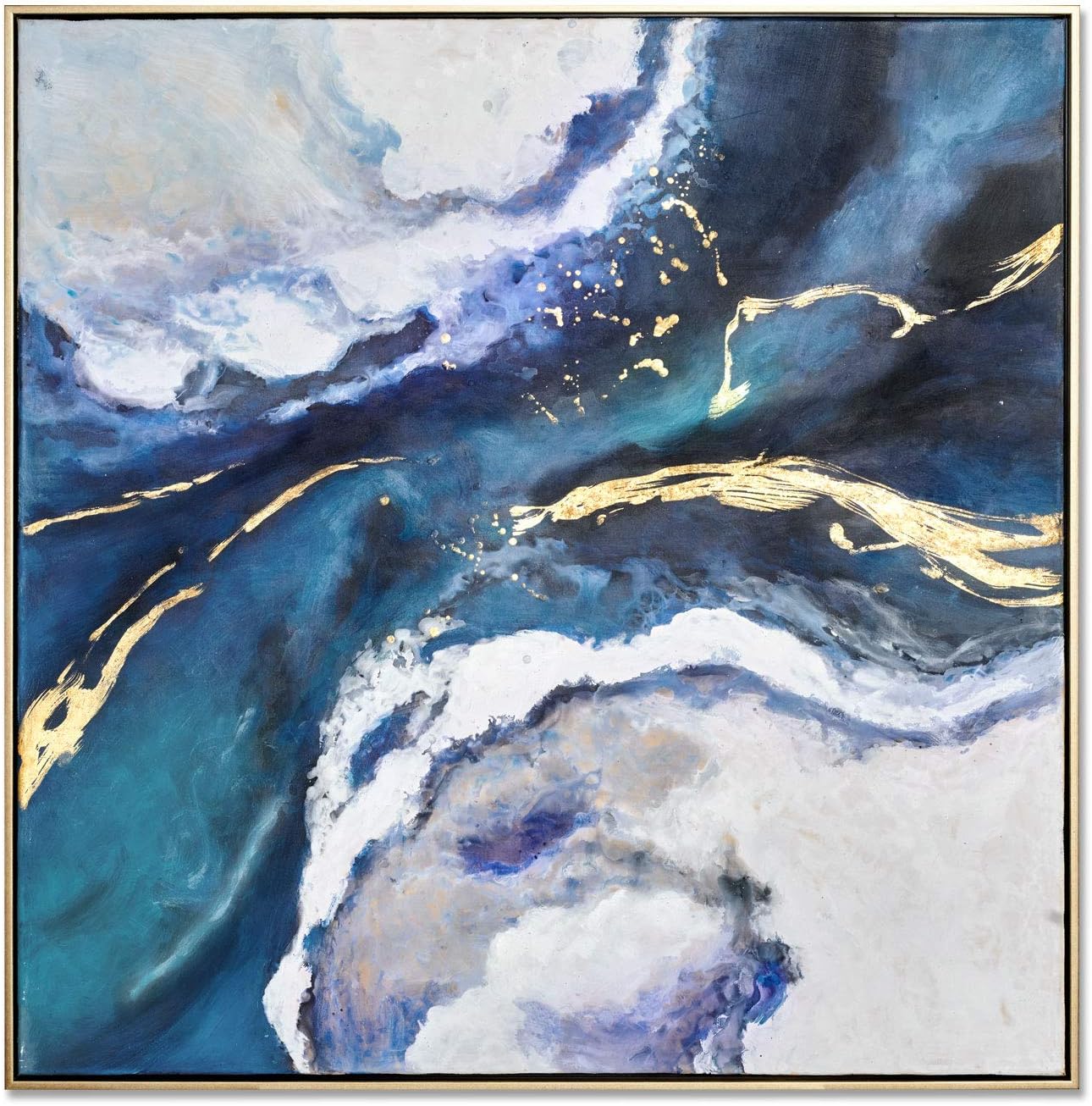 MOTINI Abstract Canvas Wall Art Oil Painting Blue and Gold Hand-Painted Artwork for Walls Golden Framed Paintings for Home Decor Ready to Hang, 40" L x 40" W