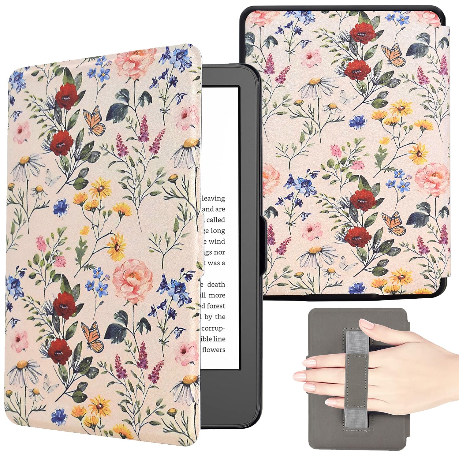 KEROM Case for 6.8" Kindle Paperwhite (11th Generation, 2021) and Kindle Paperwhite Signature Edition, PU Leather Protective Cover Case with Hand Strap, Card Slot, Auto Sleep/Wake - Colorful Blossoms