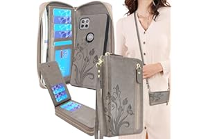 Lacass Crossbody Chain Dual Zipper Detachable Magnetic Leather Wallet Case Cover Card Slot Money Pocket Compatible with for Motorola Moto One 5G Ace 2021(Floral Gray)