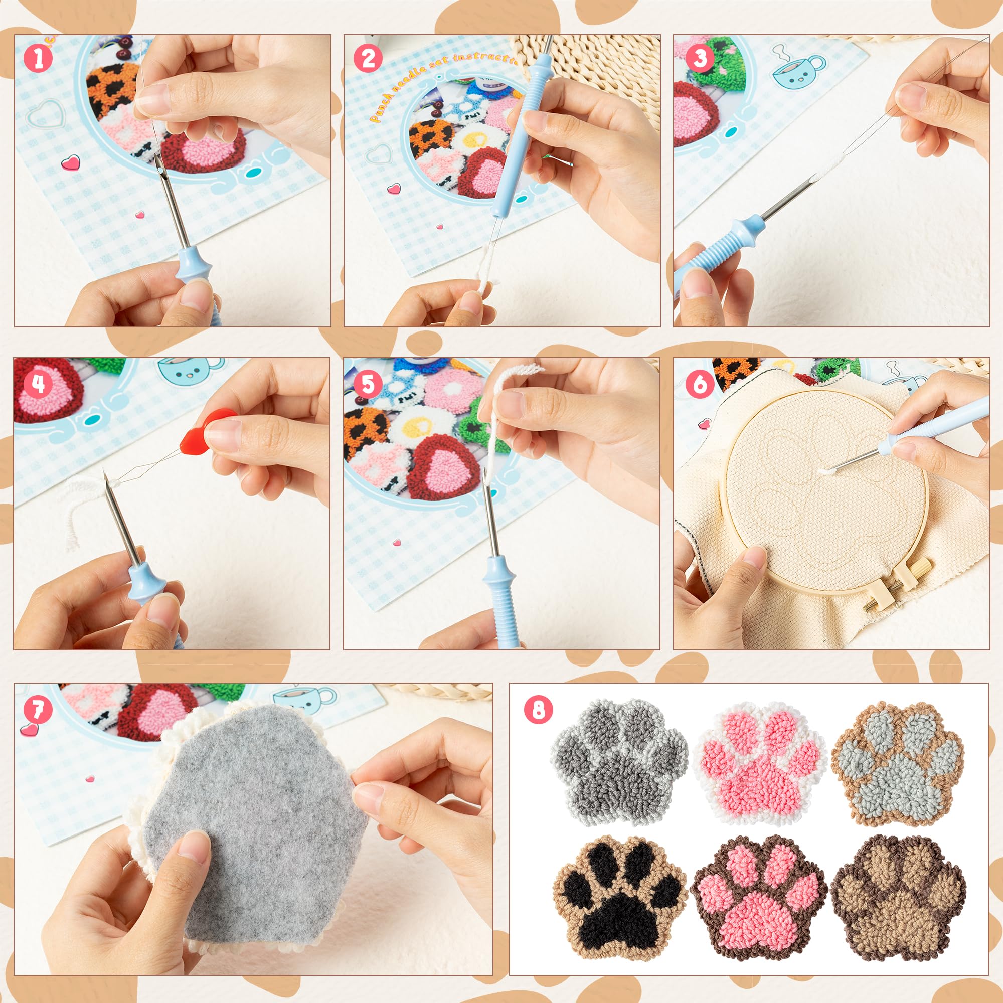 WATINC 22Pcs Craft Punch Needle Coaster Kit, Easy Art Work Decor Coasters Kits for Beginners, 6 Pattern Tufted Rug Pads with Adhesive Felt Yarns Embroidery Hoop Instruction, DIY Needle Punch Craft