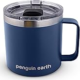 penguin earth 14 oz. Camping Mug with Lid, Coffee Mug. Travel Cup, Powder Coated, Vacuum Insulated, Stainless Steel, BPA Free. Travel Tumbler Cup, Dishwater safe (Blue)