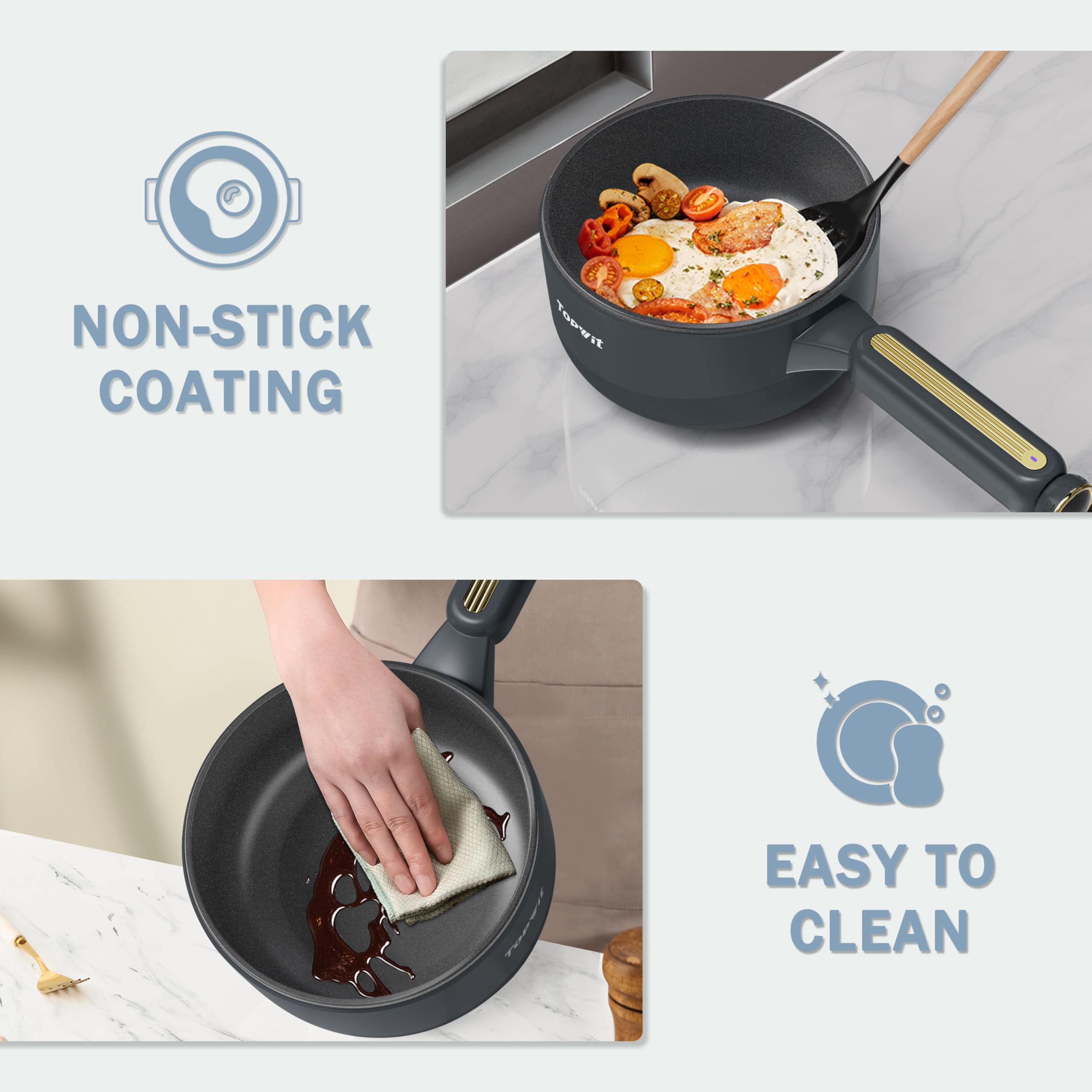 TOPWIT Hot Pot Electric with Steamer, 2L Multifunctional Electric Pot, Non-Stick Sauté Pan, Portable Pot for Steak, Fried Rice, Ramen, Soup with Dual Power Control (Silicone Spatula Included), Grey