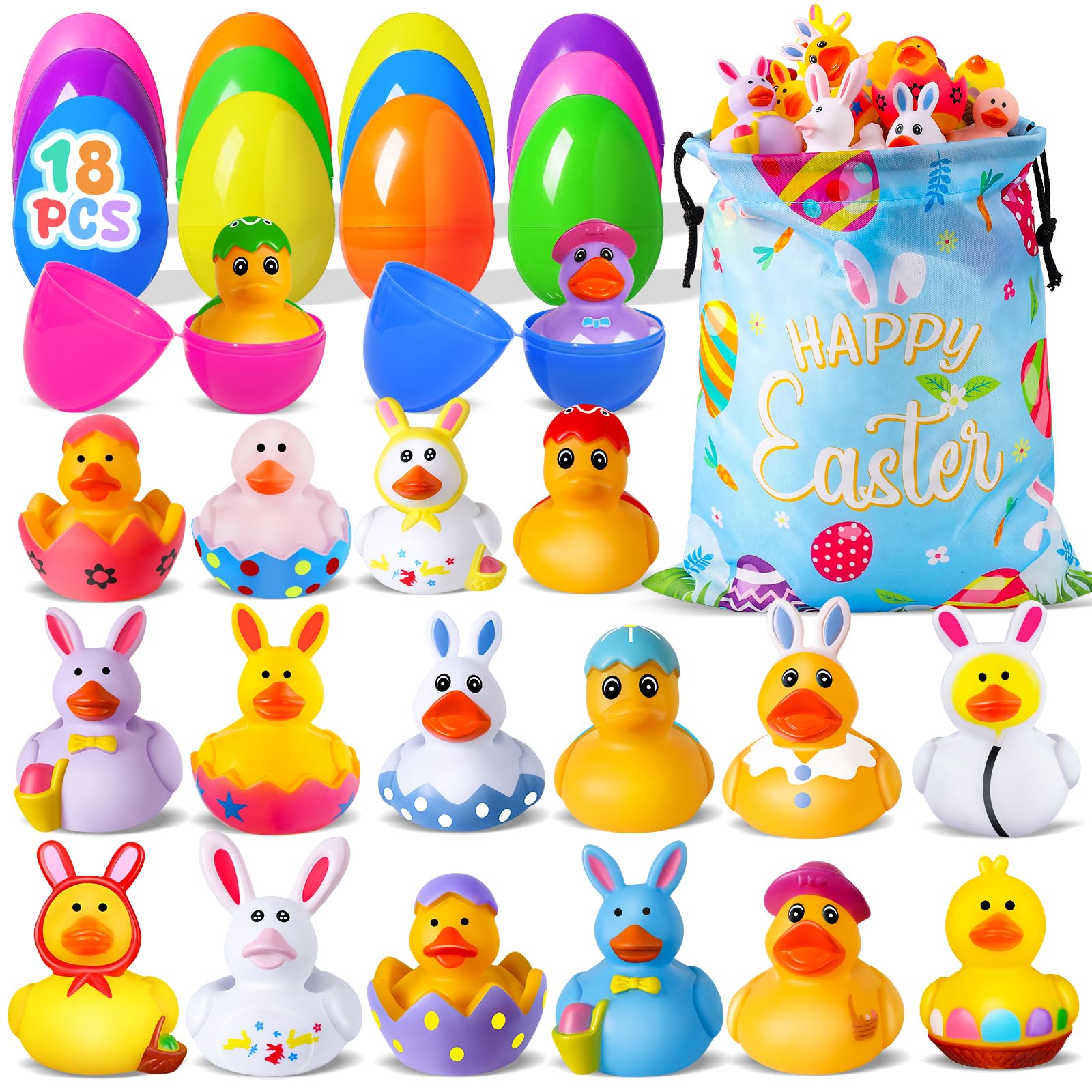 18 Pcs Easter Rubber Ducks with 18 Pcs Easter Eggs, Easter Ducks for Jeeps Easter Egg Fillers Basket Stuffers Party Favors, Rubber Ducks for Ducking Bath Toys for Kids Toddler with a Storage Bag