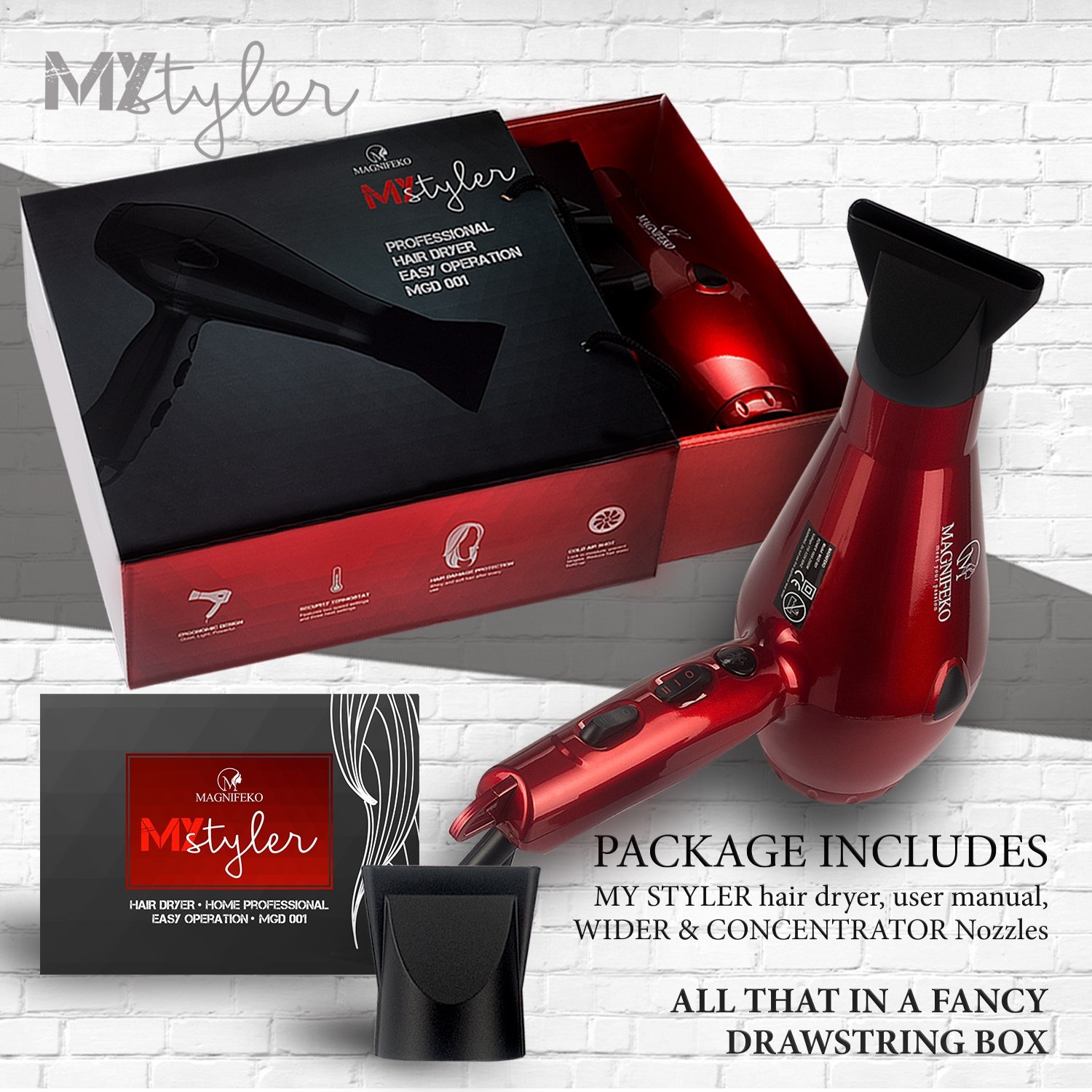 Magnifeko 1875W Professional Hair Dryer with Ionic Conditioning - Powerful, Fast Hairdryer Blow Dryer - 2 Speeds, 3 Heat Settings