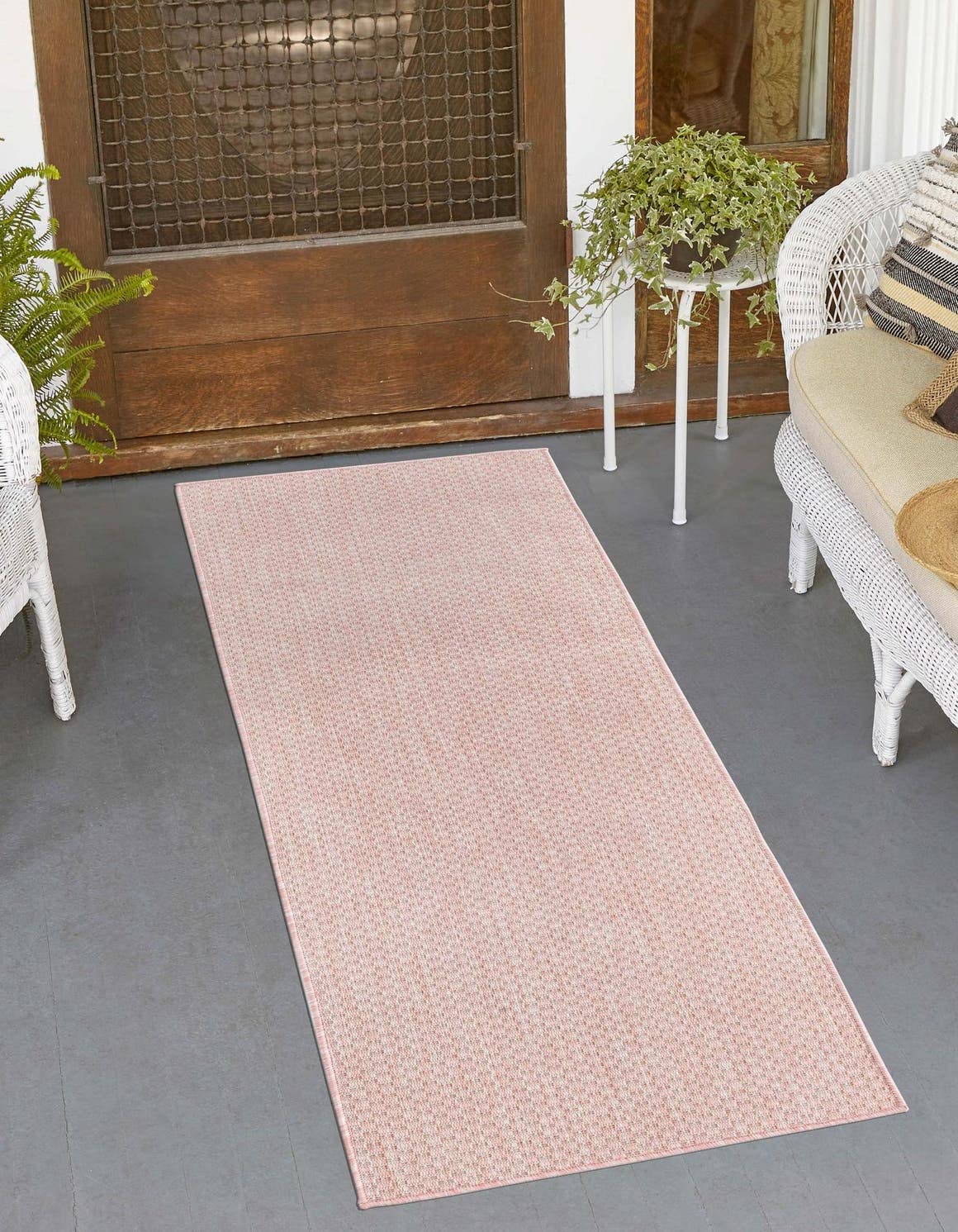 Unique Loom Collection Casual Transitional Solid Heathered Indoor/Outdoor Flatweave Area Rug (2′ 7″ x 12′ Runner, Whisper Pink/Ivory)