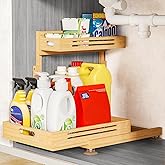 Under Sink Organizer, Pull Out Cabinet Organizer, 2 Tier Slide Out Sink Shelf Cabinet Storage Shelves, Storage for Kitchen Bathroom, Natural Premium Bamboo Wood