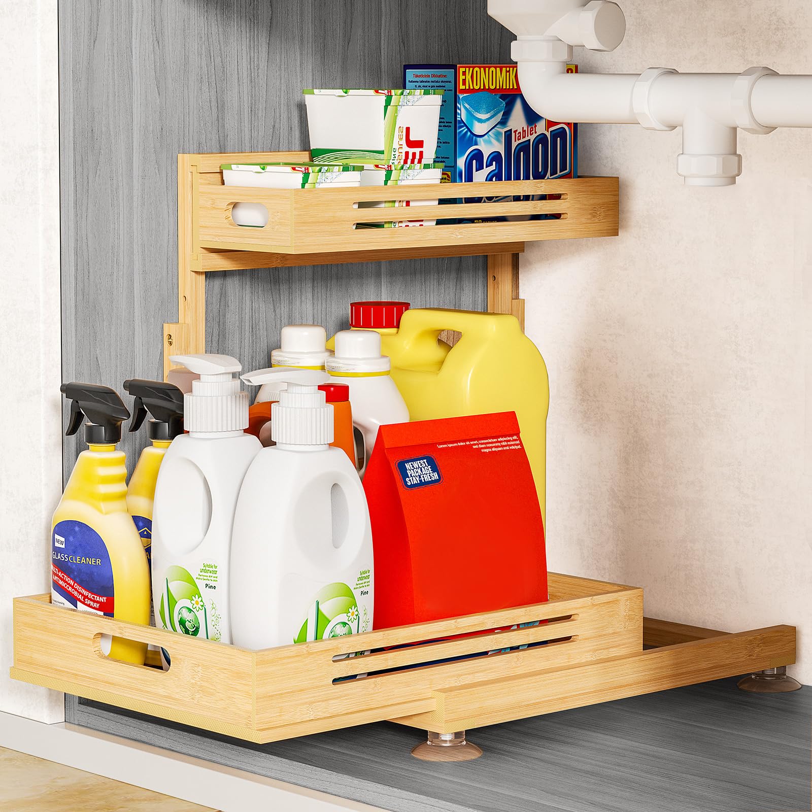 Photo 1 of **** SIMILAR PRODUCT/MISSING PARTS**** Under Sink Organizer, Pull Out Cabinet Organizer, 2 Tier Slide Out Sink Shelf Cabinet Storage Shelves, Storage for Kitchen Bathroom, Natural Premium Bamboo Wood