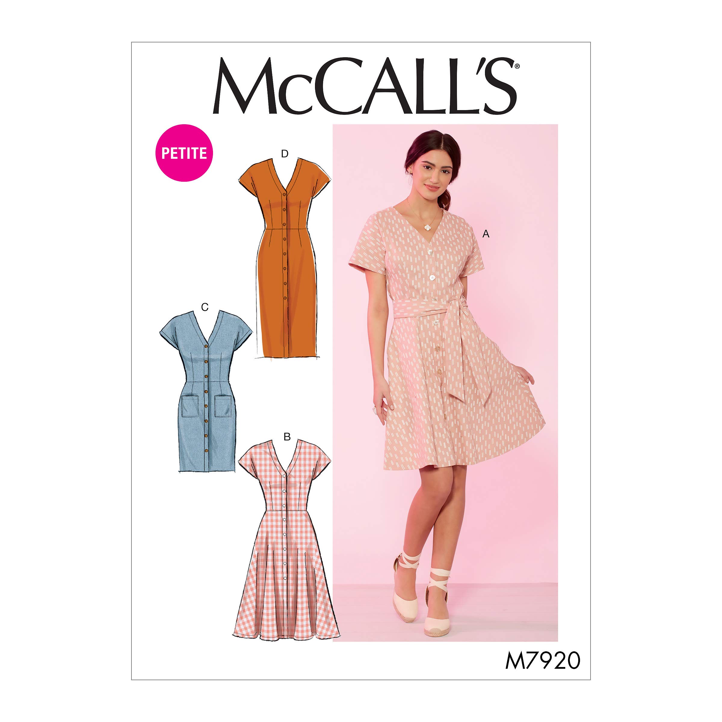 McCall's Sewing Pattern M7920E5 Miss Petite Dresses and Belt, Paper, White, Sizes: 14-16-18-20-22
