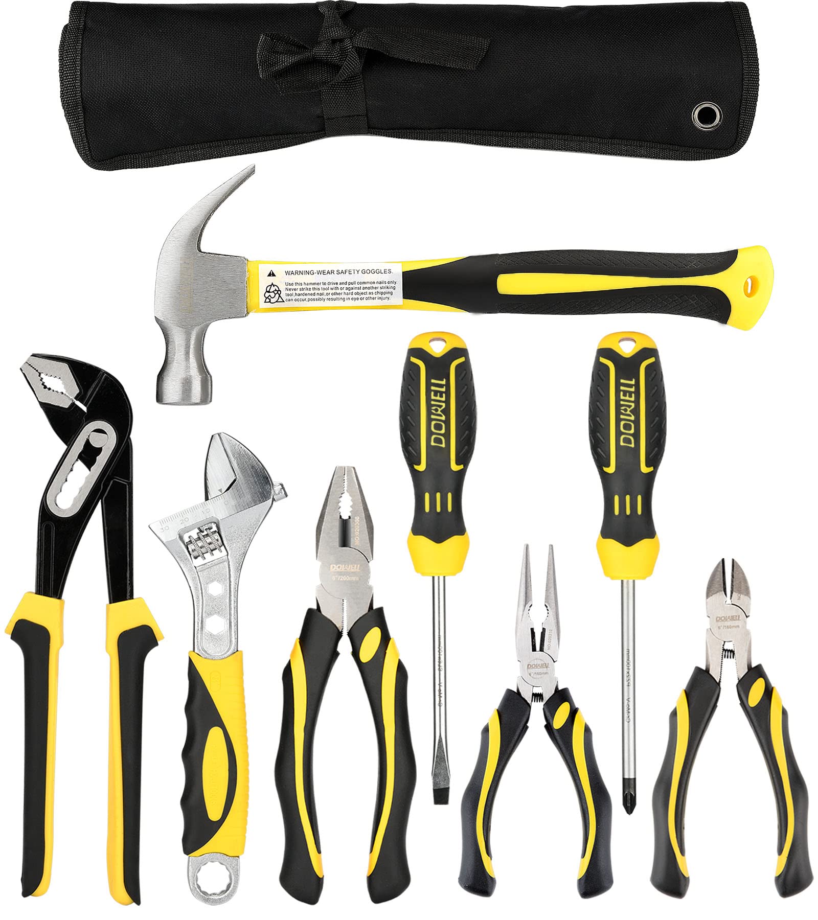 DOWELL Pliers Set 8-Pieces 10-Inch Groove Joint Pliers 8-Inch Adjustable Wrench Combination Pliers 6-inch Long Nose Diagonal Cutting Pliers Screwdrivers Claw Hammer with Tool Pouch (8PC)