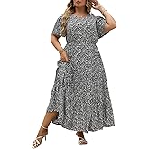 Nemidor Plus Size Maxi Dresses for Curvy Women Summer Casual Boho Ditsy Floral Print Layered Flared Long Dress with Pocket