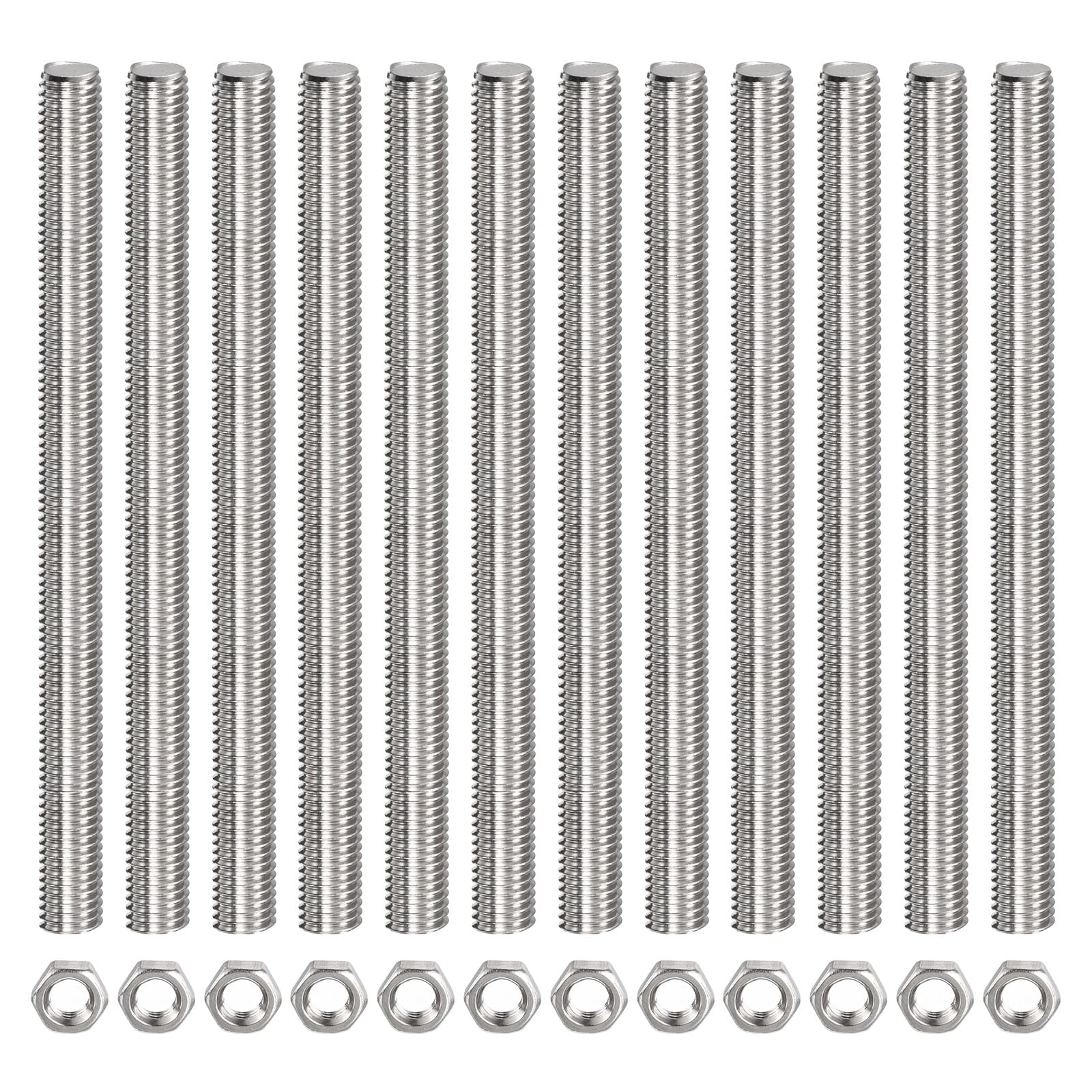 Rebower Fully Threaded Rod (with 12 Pcs Hex Nuts),Stainless Steel Fully Threads Studs[for Assembly Fastening] - M12 x 350mm,1.75mm Pitch/ Silver/ 12 Pcs