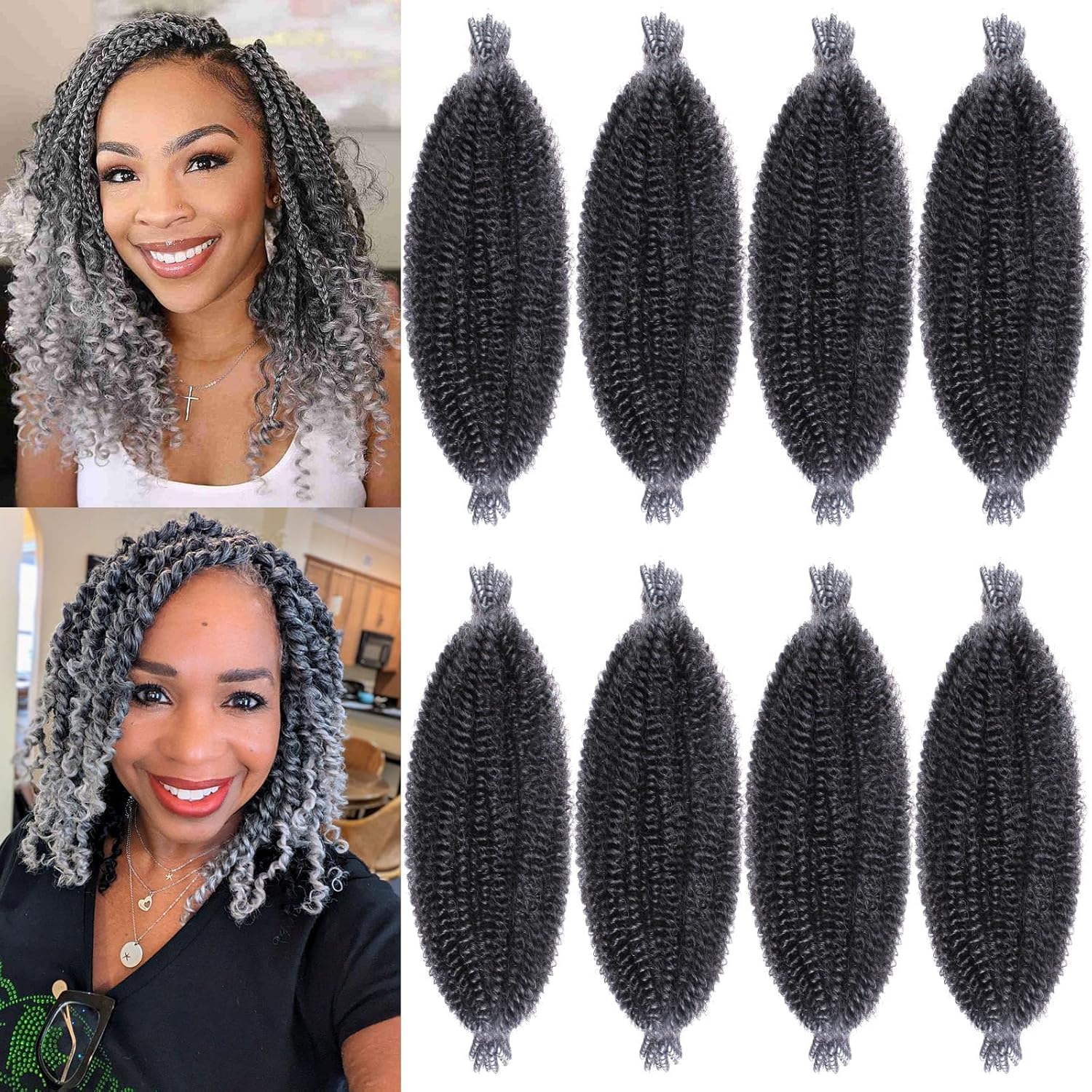 Xtrend Pre-Separated Springy Afro Twist 16 Inch Hair for Faux Locs - Pre-Fluffed Marley Crochet Braiding Synthetic Extensions (8 Packs, 8 Strands/Pack, TGREY) — image 1