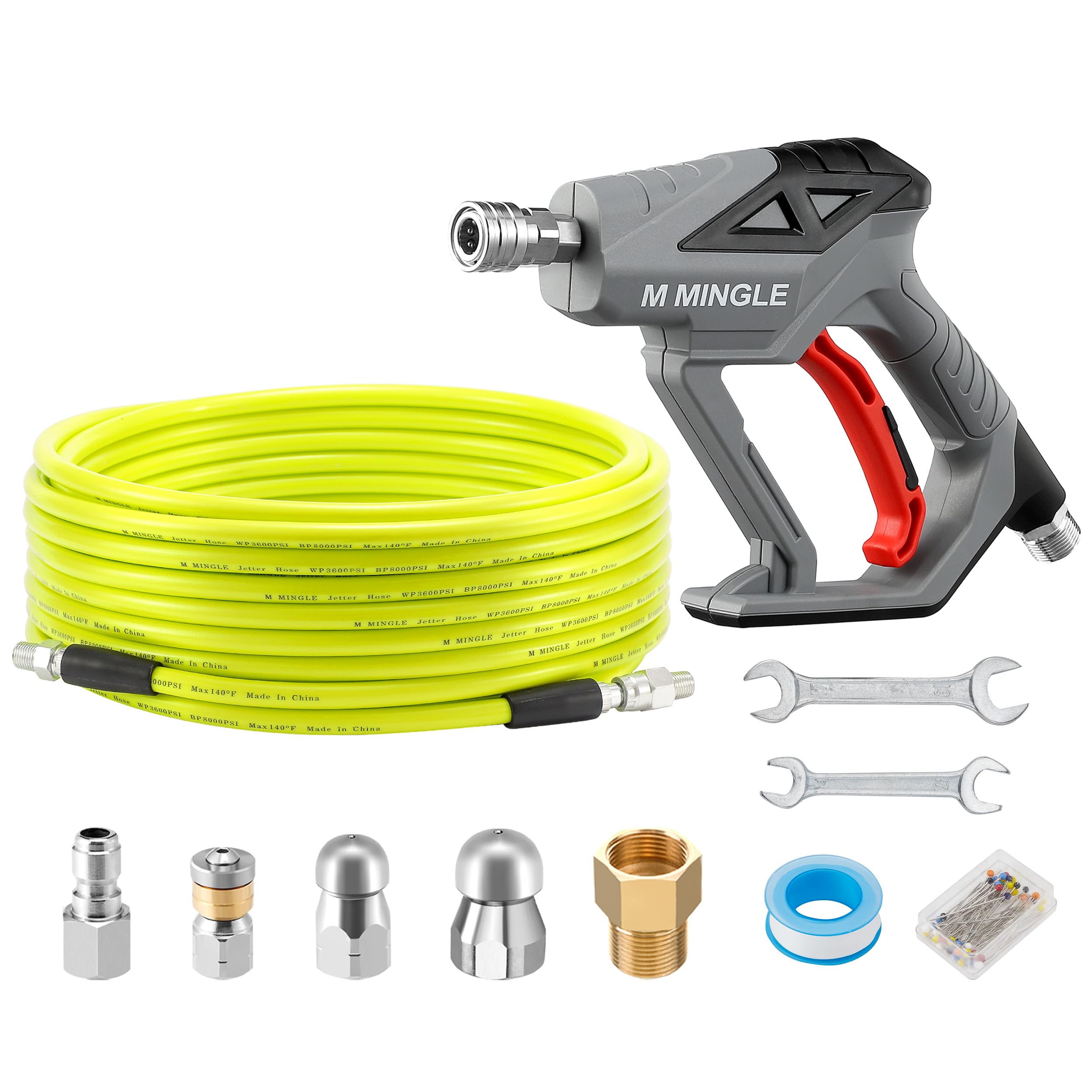 Photo 1 of M MINGLE Sewer Jetter Kit for Pressure Washer 50 FT, Drain Cleaner Hose with Power Washer Gun, 1/4 Inch NPT Corner Rotating and Button Nose Sewer Jetting Nozzle, Orifice 4.0, 4.5