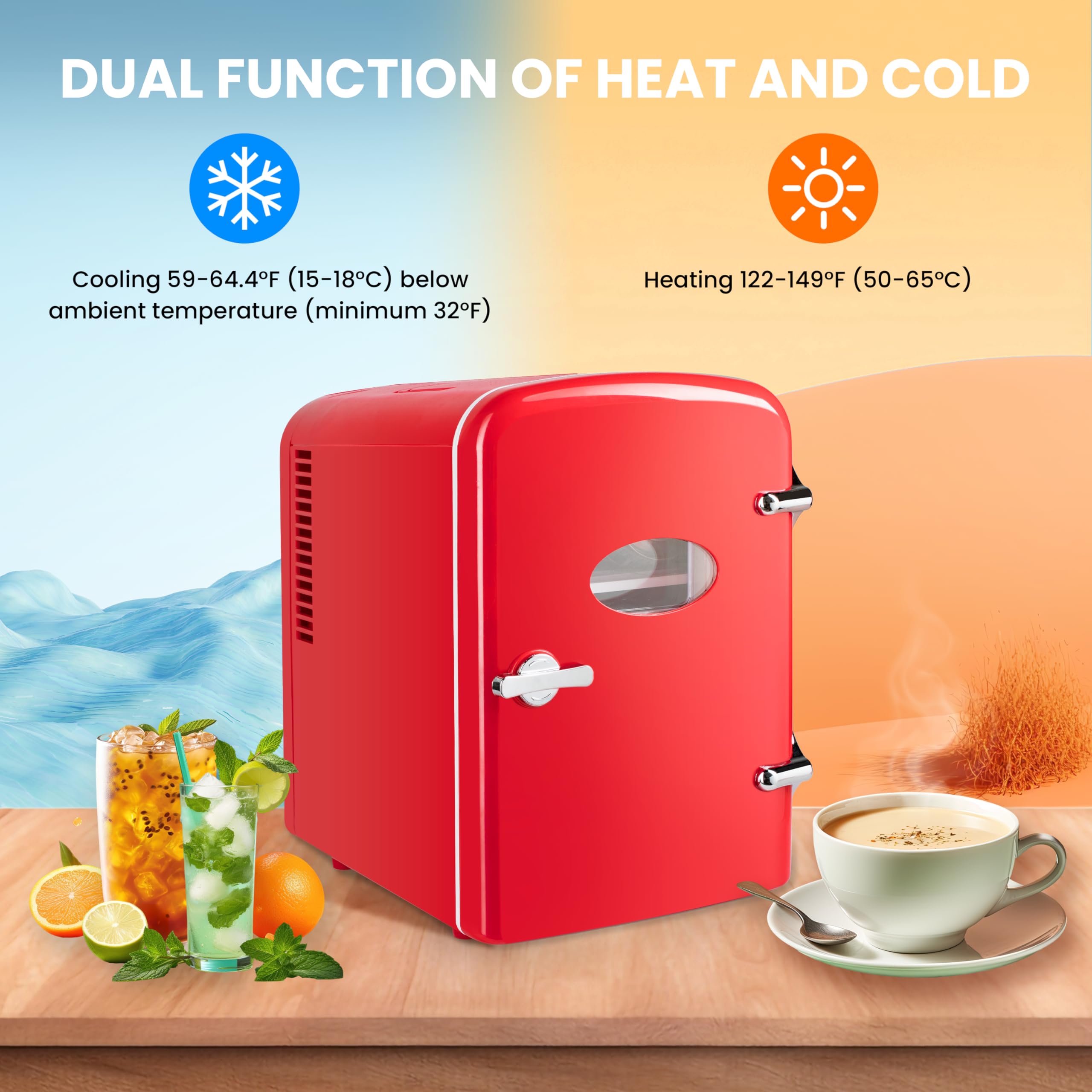 Simple Deluxe 4L Portable Mini Fridge Warmer and Cooler Six 12oz Cans Compact Refrigerator, 100% Freon-Free & Eco Friendly, 4 L, Red