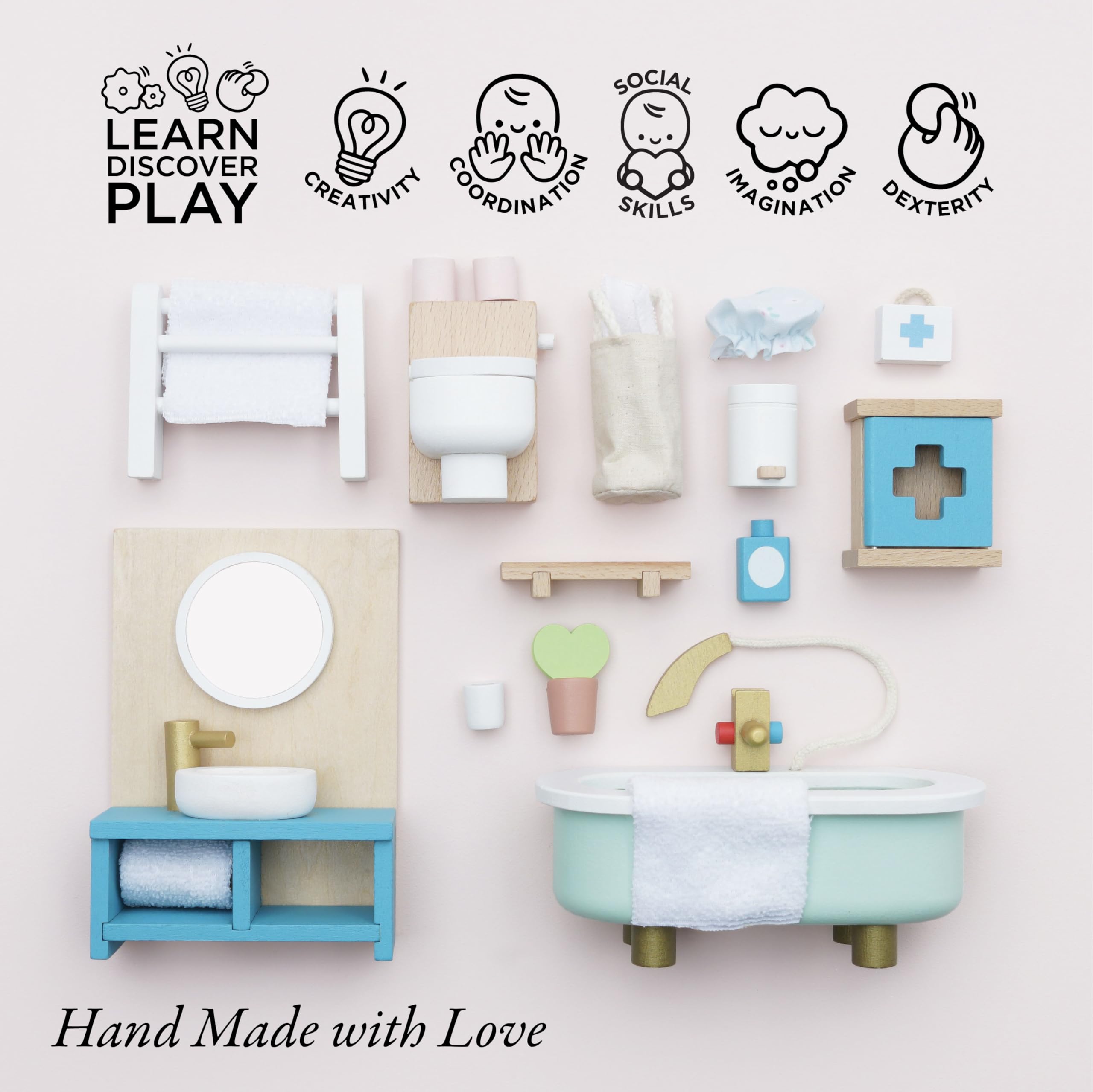 Le Toy Van - Daisylane Bathroom Premium Wooden Toys Dolls House Accessories |Playset For Doll House | Girls Dolls House Furniture Sets - Suitable For Ages 3+