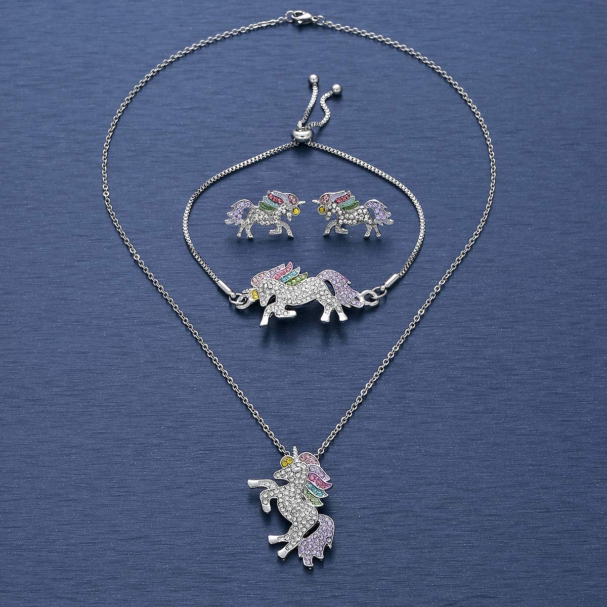 WURUIBO 3 PCS Rainbow Unicorn Jewelry Set for Girls, Fashion Necklace Earring Bracelet Crystal Rhinestone Set(Jewelry Set)