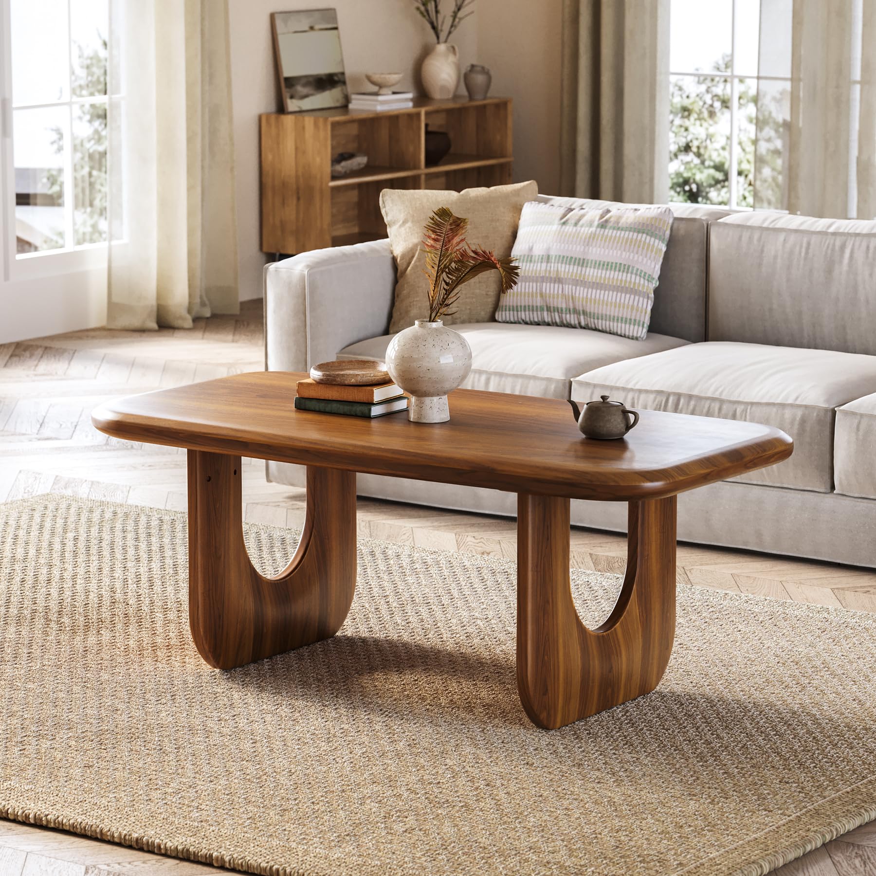 Photo 1 of LITTLE TREE Farmhouse Coffee Table, 47 Inches Wooden Rectangular Center Tables with Rounded Corners, Modern Coffee Tables Low Cocktail Tea Furniture for Living Room (Rustic Brown)