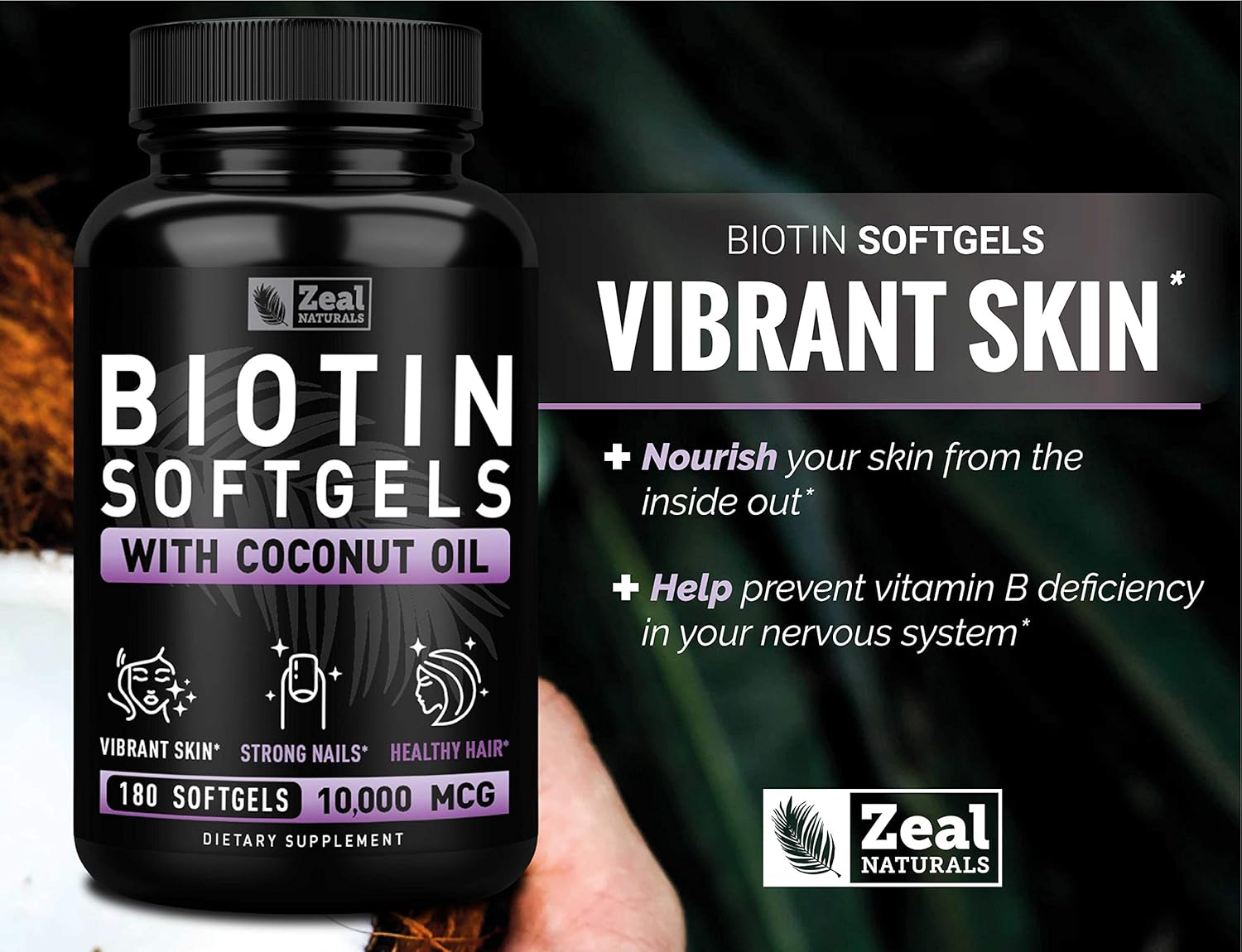 Pure Biotin 10000mcg + Organic Coconut Oil (180 Softgels 10,000mcg) 6