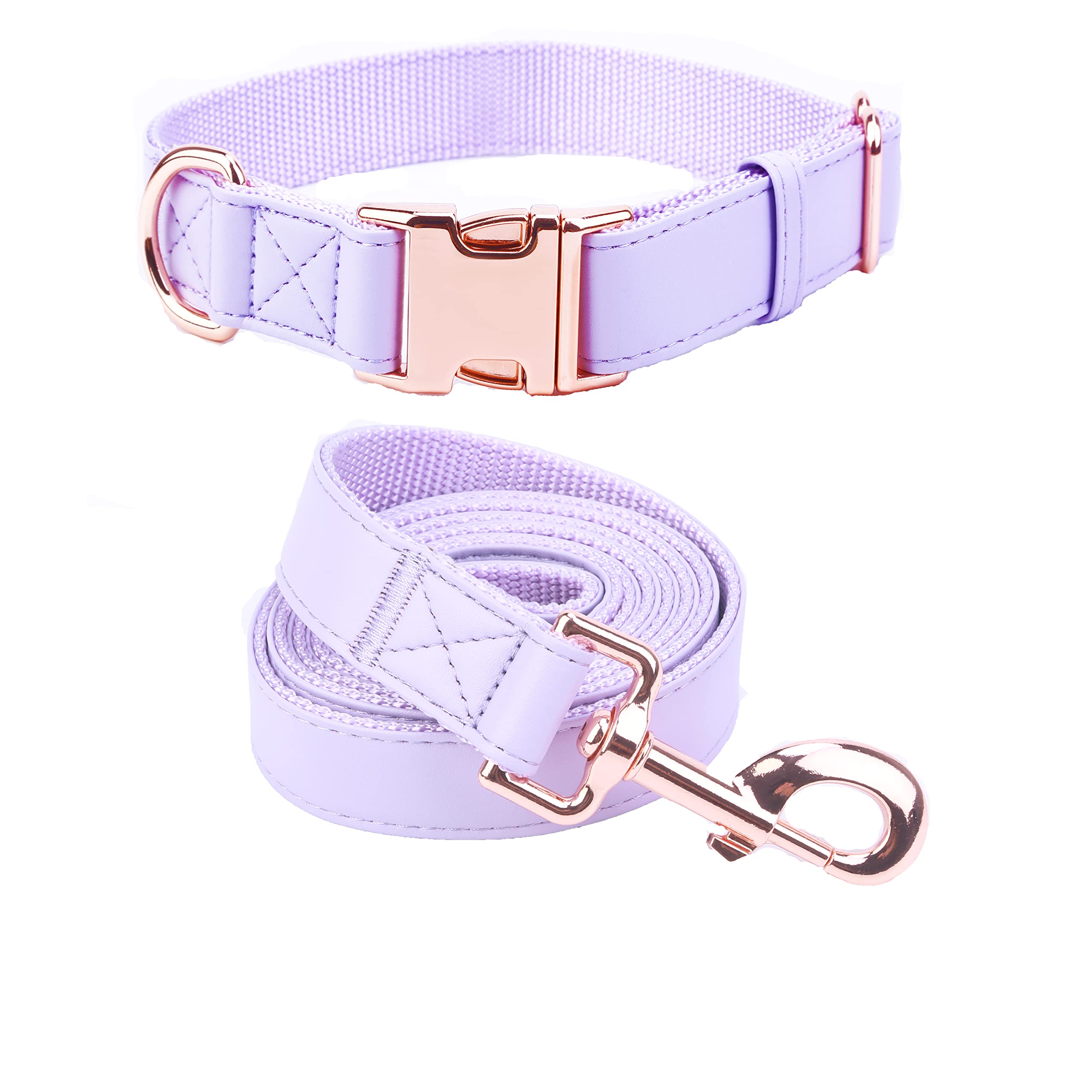 Dog Collar and Leash Set.Soft and Easy to Clean Vegan Leather with Rose Gold Metal Buckle for Small Medium Large Dogs (XS(8"-12"), Light Purple)