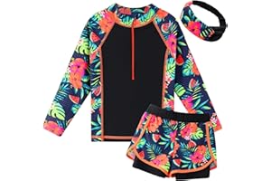 BAOHULU Girls Rash Guard 3 Pieces Swimsuit Long Sleeve Bathing Suit UPF 50+ Beach Swimwear 5-12 Years with Matching Headband