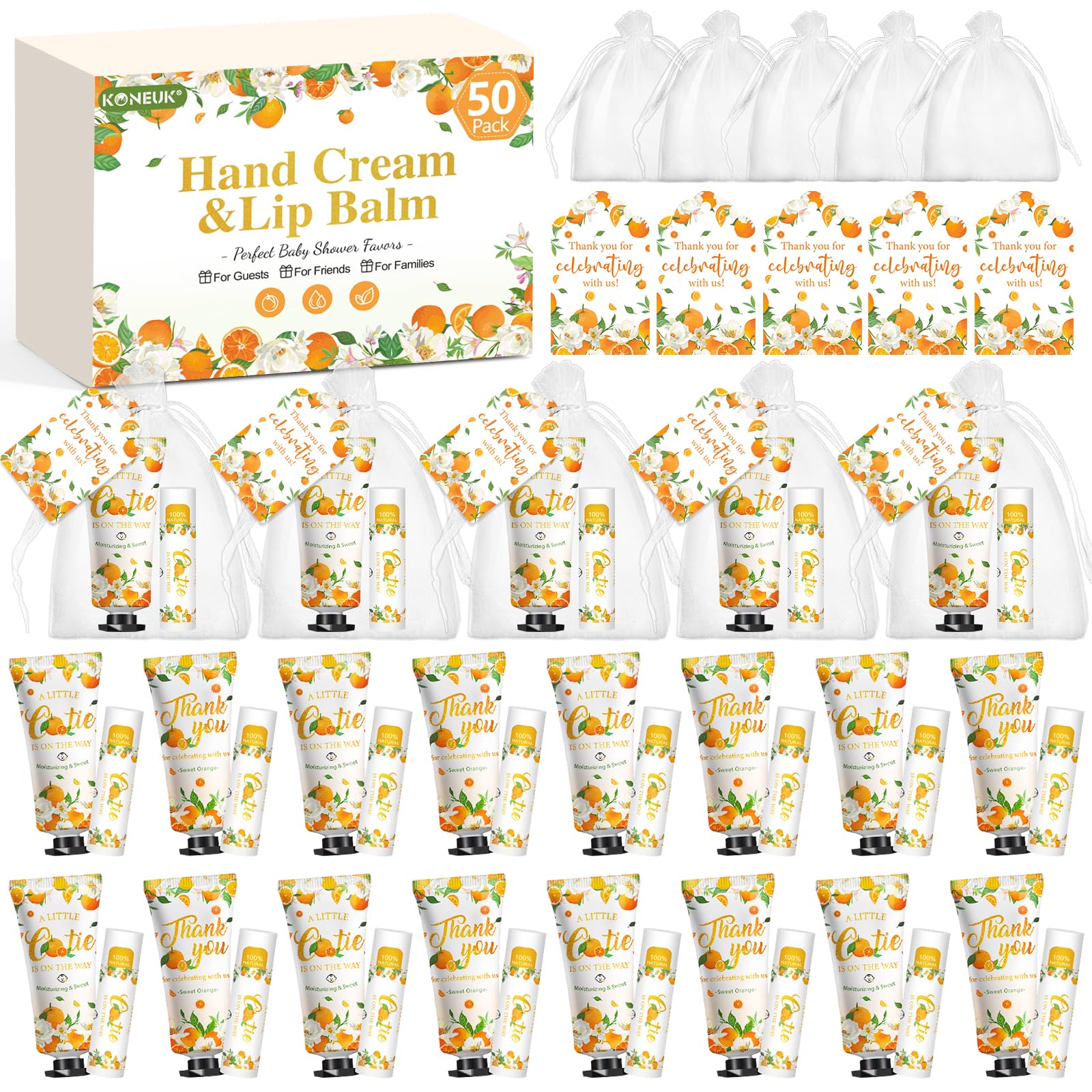 View 1 of 50 Pack Bulk Hand Cream and Bulk Lip Balm Gifts Sets, Bridal Shower Favors and Baby Shower Favors for Guests with Thank You Card and Organza Gift Bags, Appreciation Gifts, Baby Shower Prizes (Orange)