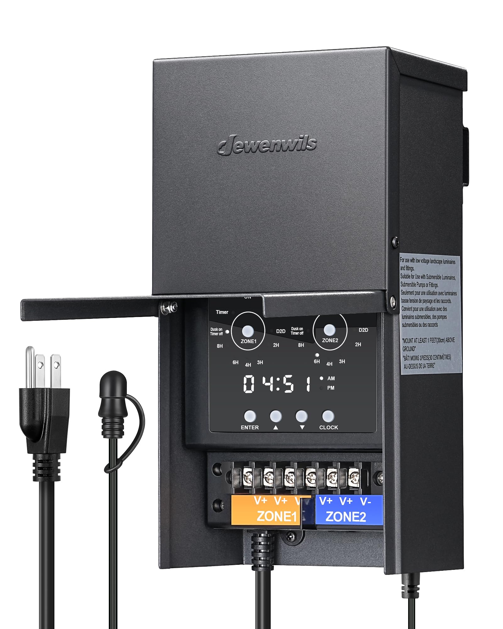 Photo 1 of DEWENWILS 300W Low Voltage Landscape Transformer with 2 Zones, 120V AC to 12V DC, Low Voltage Transformer with LED Screen, Photocell Sensor & Timer, Weatherproof Metal Shell for Spotlight Steplight