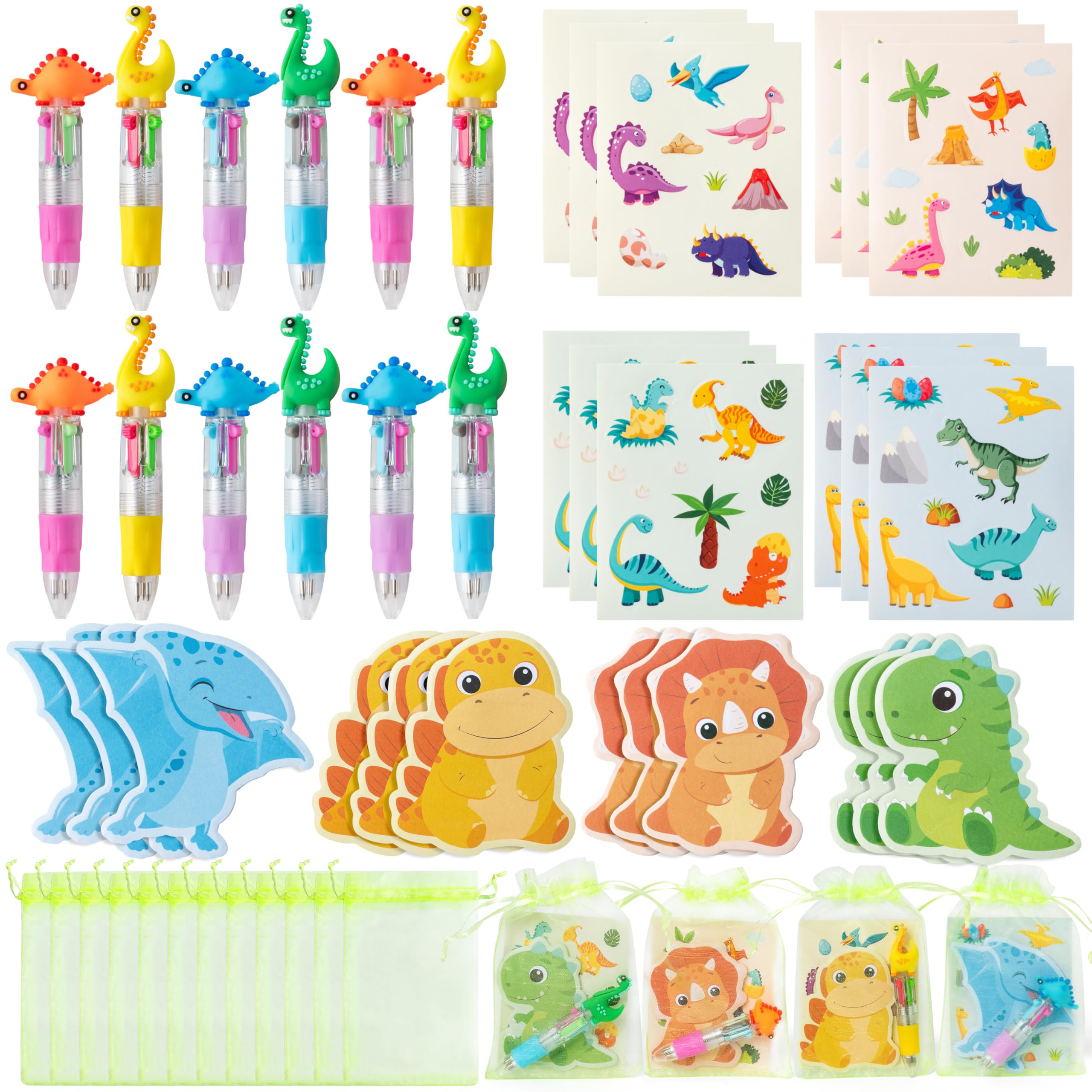 Photo 1 of CY2SIDE Dinosaur Stationery Party Gift - 12 Pack Back to School Supplies Prizes Dino 4-in-1 Ballpoint Pens Sticky Notes Stickers and Organza Animal Party Favors Goodie Bag Fillers for School Rewards