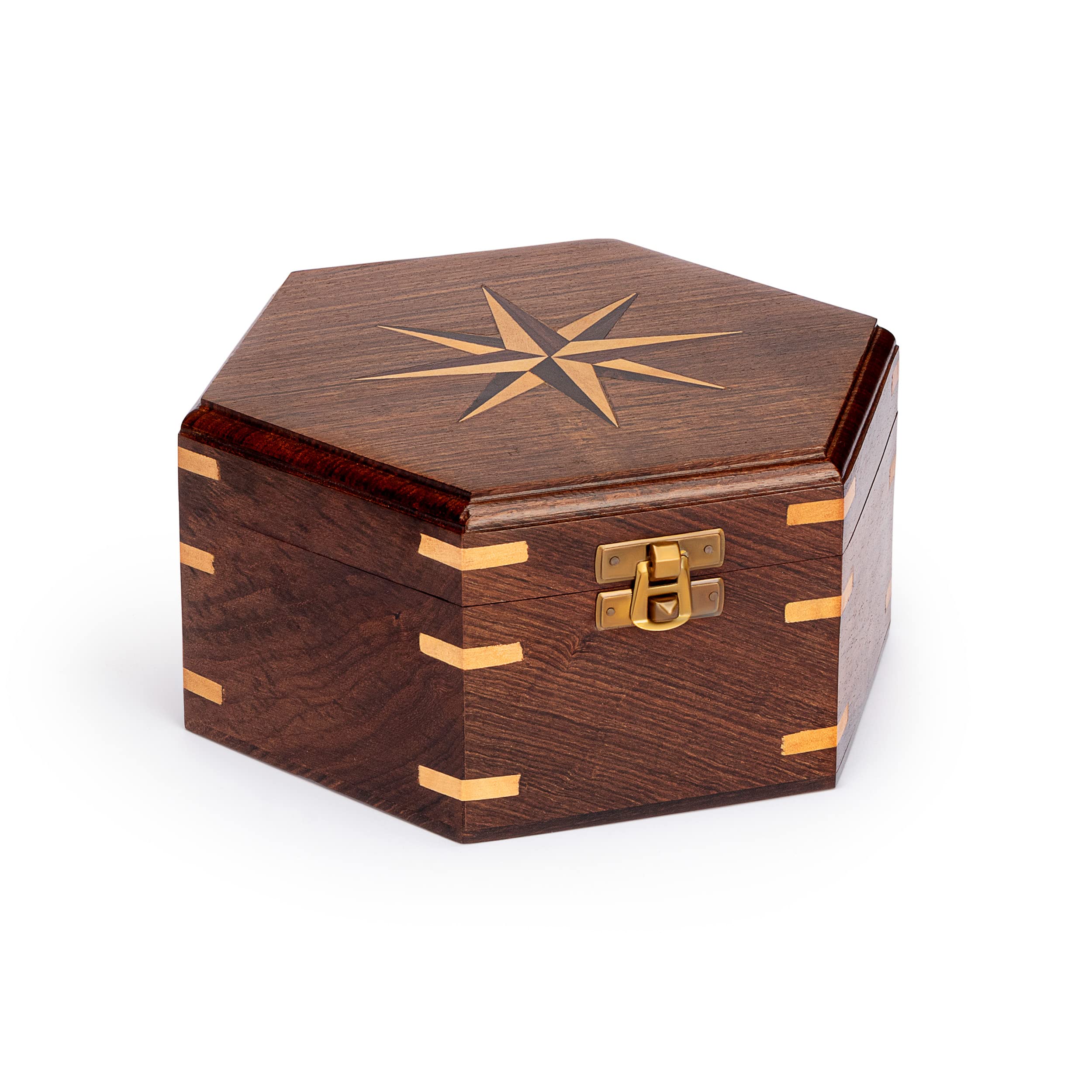 NKlaus 18.5 x 16.5 x 8.5 cm maritime hexagonal wooden box with wind rose inlay and brass closure with elaborate wind rose pattern made of wood, 11638