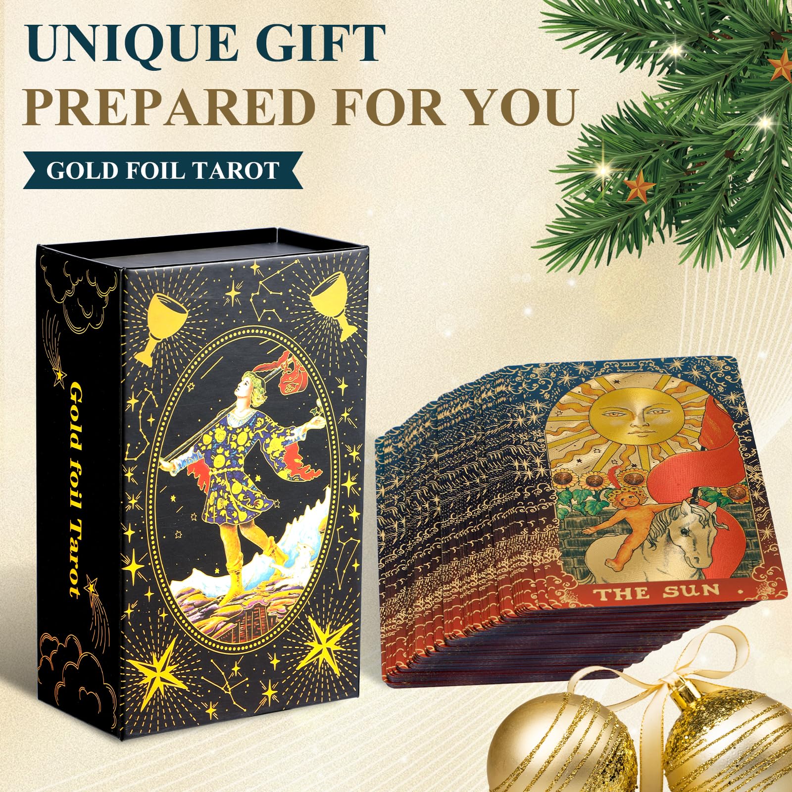 KIINO 78 Gold Foil Tarot Deck with Gift Box,Original Design Rider Waite Tarot Cards with Guide Book,for Beginners Durable Waterproof Wrinkle Resistant