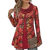 Bebonnie Womens Long Sleeve Cowl Neck Warm Splicing Tunic Tops with Buttons