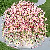 Vopie 4 Pcs Look Real Artificial Flowers for Outdoors, Artificial Hanging Flowers for Outdoors, UV Resistant Fake Hanging Plants Silk Petunia Flowers for Balcony Yard Spring Decor (Pink)