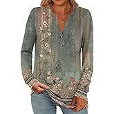 DNKZWUPUP Long Sleeve Shirts for Women Loose Fit Cotton Tops Dressy Casual Graphic Tees V Neck Blouses Tunic Outfits 2025