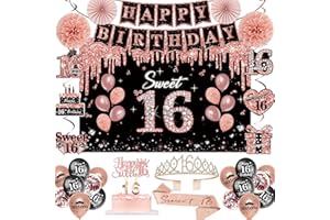 Sweet 16 Birthday Decorations for Girls,52Pcs PRE-STRUNG Rose Gold Black Set-16th Years Old Crown and Sash,Banner,Hanging Swi
