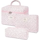 SXS LACONIC 3PCS Quilted Makeup Bag Set, Cosmetic Pouch for Women, Travel Toiletry Bags with Zipper Closure, Coquette Floral Make up Organizers