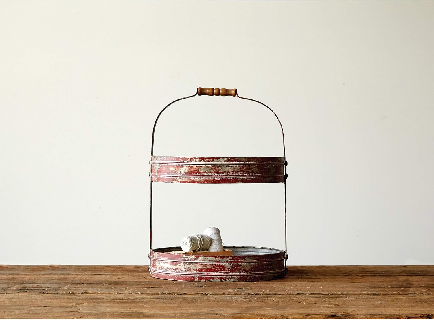 Creative Co-Op Red Metal Oval 2 Tier Tray with Handle: Home & Kitchen