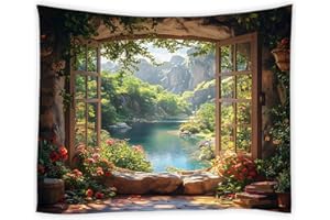 HYKHYK Nature Garden Tapestry Forest Mountain Stone Wall Flower Green Leaf Vine Rustic Farmhouse Cabin Window Scenery Wall Ha