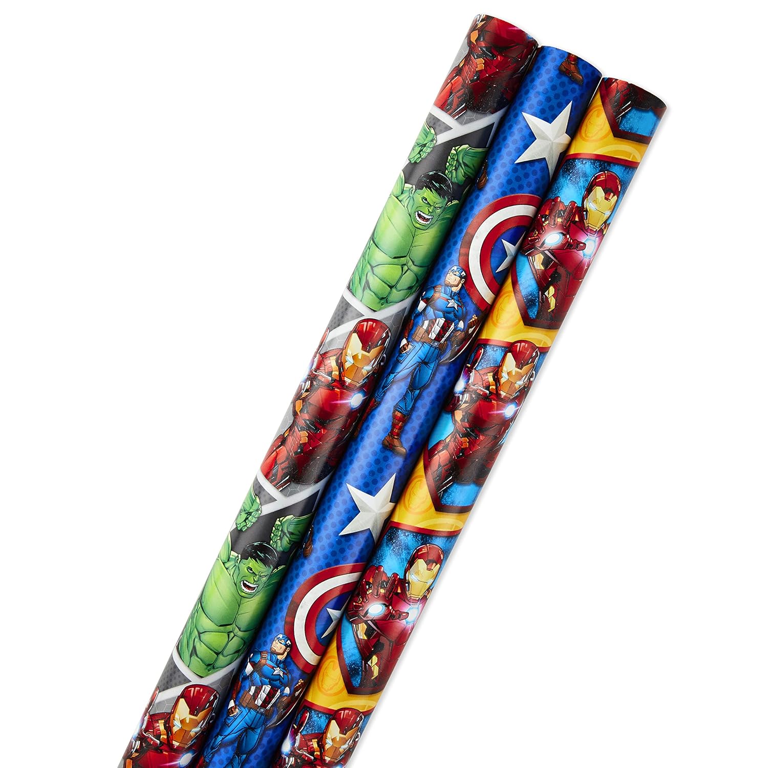 Hallmark Avengers Wrapping Paper Bundle with Cut Lines on Reverse, Captain America, Iron Man, Thor (Pack of 3, 105 sq. ft. ttl.) for Birthdays, Holidays, Fathers Day and More