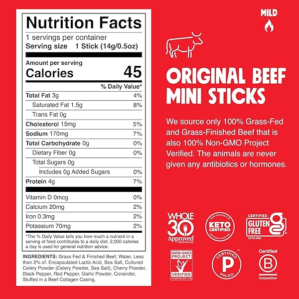 CHOMPS SNACK SIZE GRASS-FED ORIGINAL BEEF JERKY SNACK STICKS 0.5OZ 24-PACK – KETO, PALEO, WHOLE30, 4G LEAN MEAT PROTEIN, GLUTEN-FREE, ZERO SUGAR FOOD, NON-GMO CHOMPLINGS