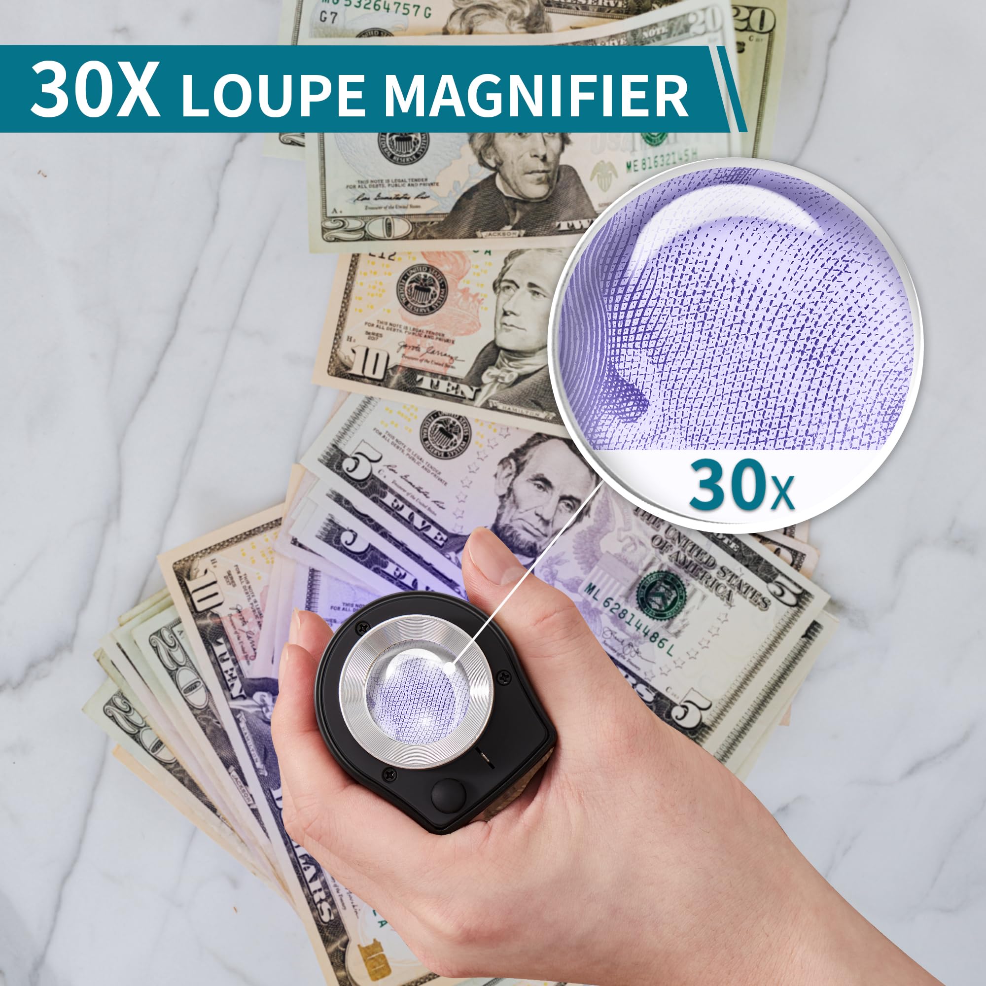 JARLINK 2 Pack 30X 60X Jewelers Loupe, Foldable Jewelry Magnifier with Bright LED Light, Rechargeable Loupe Magnifier with 3 LED and 3 UV Light for Gems, Jewelry, Coins, Stamps (Black)