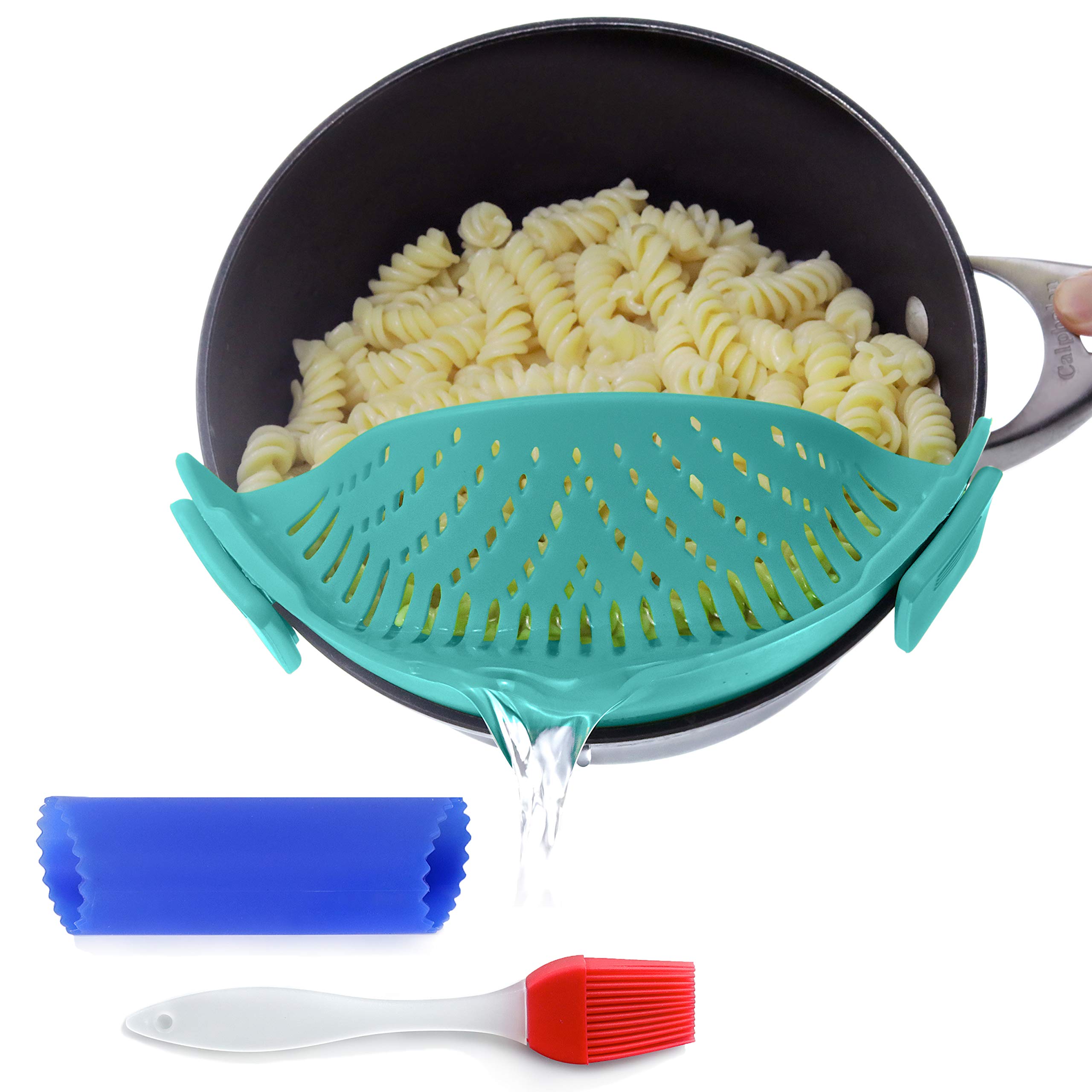Clip On Kitchen Food Strainer for Spaghetti, Meat, Pasta, & Ground Beef Grease, Colander & Sieve Snaps or Clips Onto Bowls, Pots & Pans Includes Silicone Drainer, Brush & Garlic Peeler (Aqua)