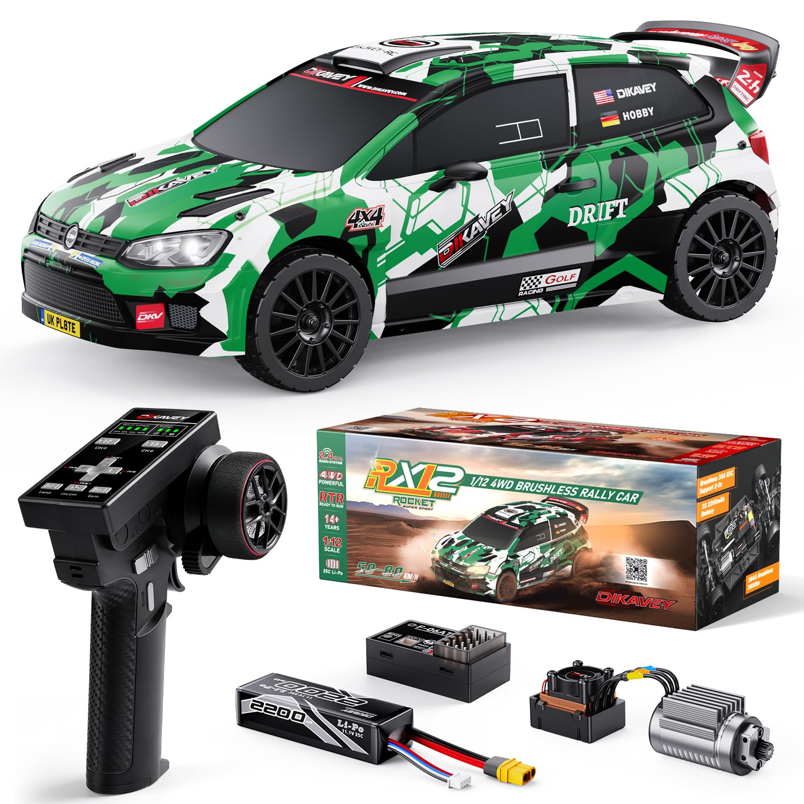 DIKAVEY 1/12 Fast RC Cars for Adults, Max 50 MPH Brushless RC Drift Car with Gyro, 4WD RTR High Speed RC Rally Cars, with 3S 2200 mAh Drifting RC Remote Control Car for Adult