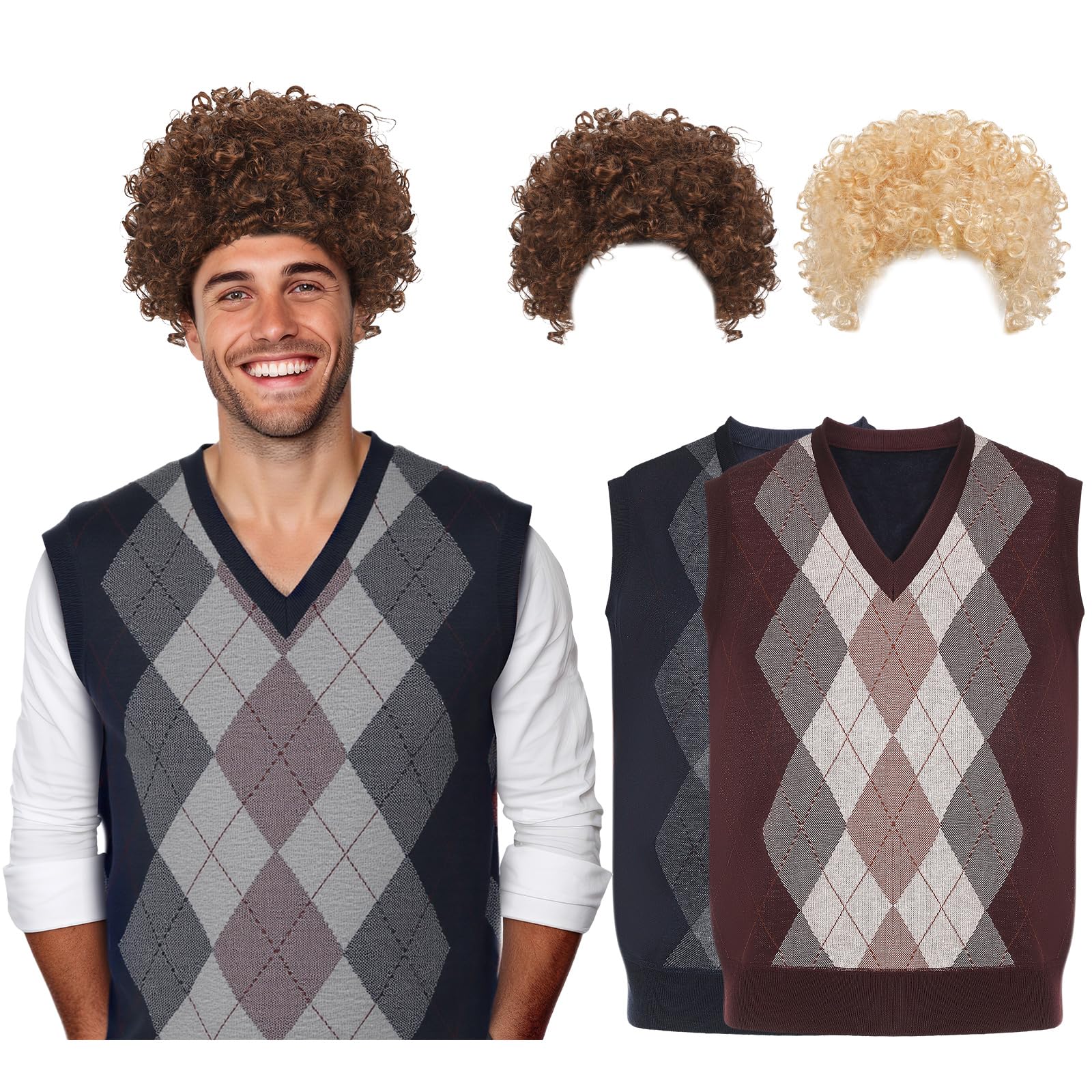 Photo 1 of Cotwinter 2 Pcs Halloween Cosplay Costume Set Afro Fluffy Wigs Pullover Knitwear Vests for Men Women Cosplay Disco Hippie(M)