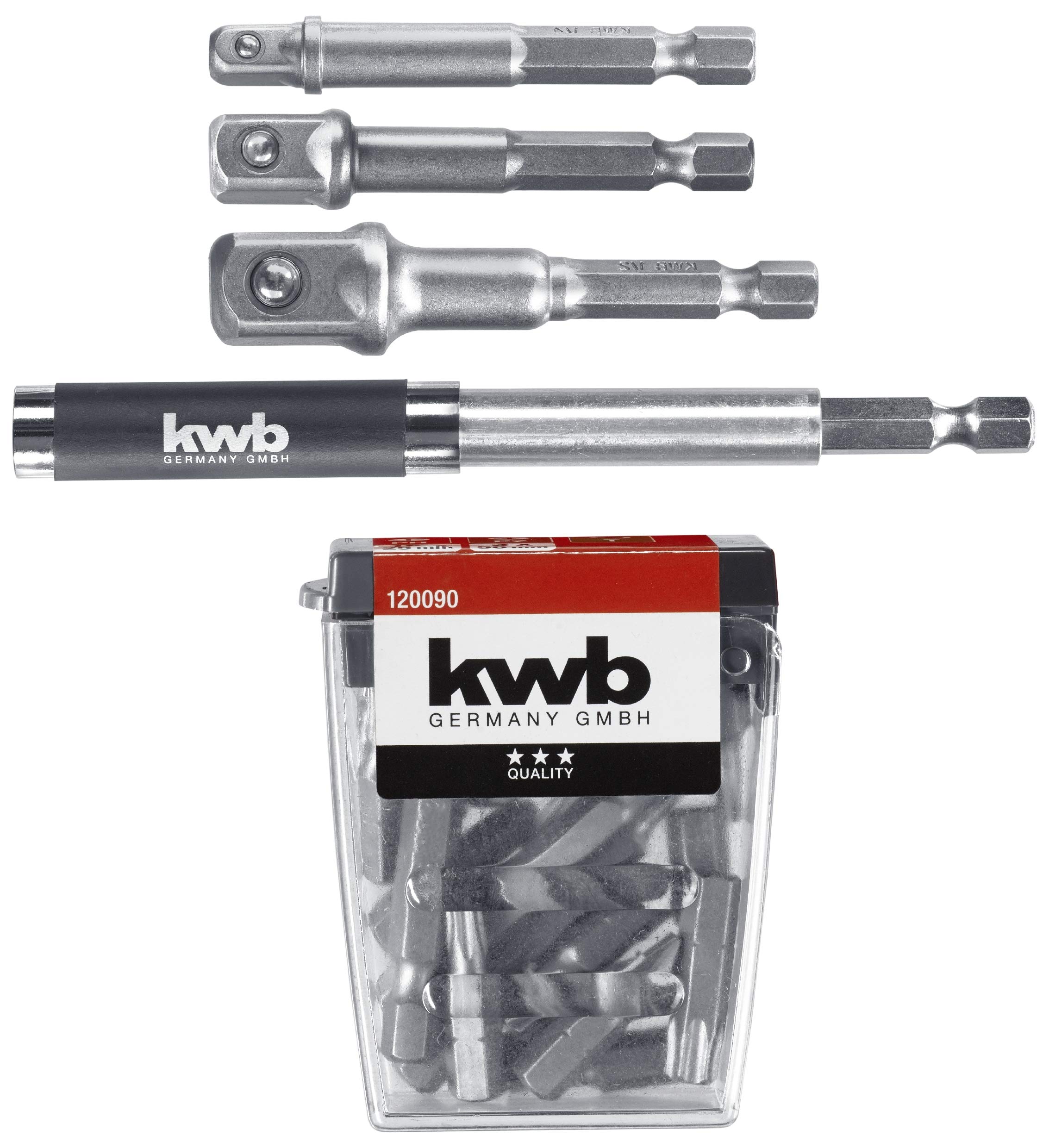 kwb 23-Piece Bit Set with Socket Adapter and Bit Holder 80mm/Expandable to 118mm for Cordless Screwdrivers, Square Socket Adapter