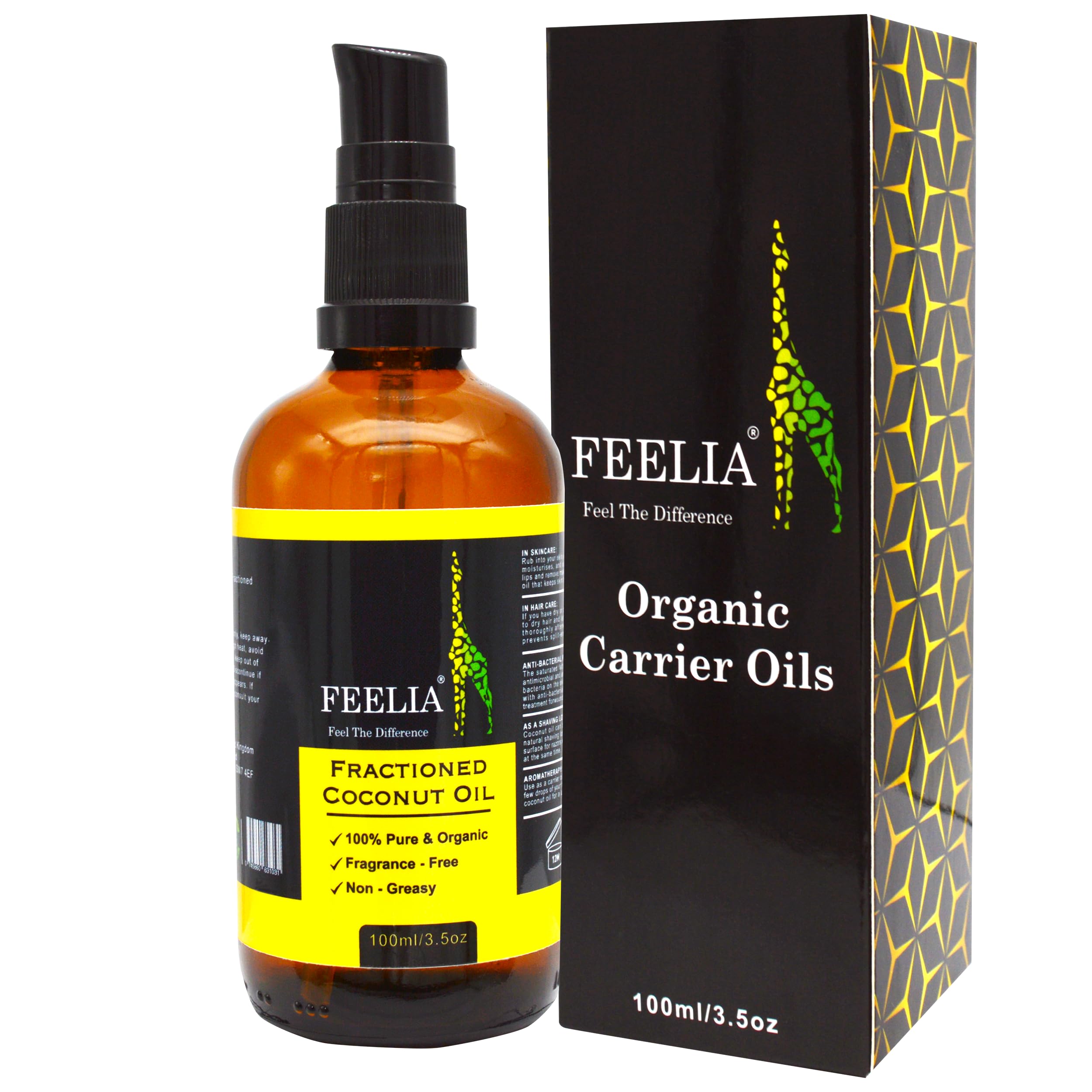 Feelia - Organic Fractioned Coconut oil - Non-Greasy, Fragrance-Free 100% Pure & Organic (100ml)