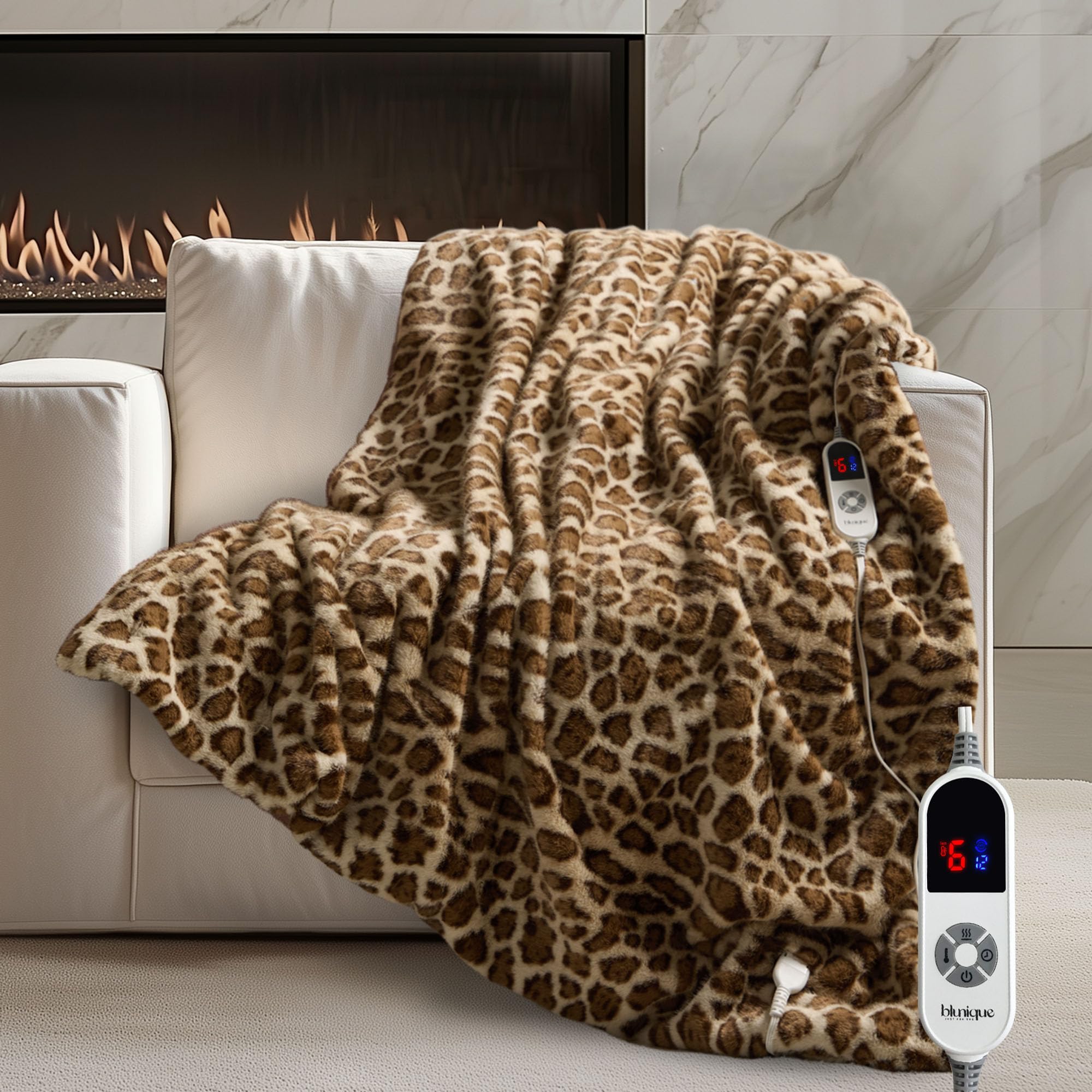 View 1 of ***PARTS ONLY*** ***NONFUNCTIONAL*** blunique Luxury Faux Fur Heated Blanket Electric Throw - Leopard Print Ultra Soft Thick Warm Heated Blanket, 6 Heating Levels & 12 Hours Auto-Off, ETL Certified, Washable, Luxurious Gifts, 50''x60''