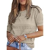 Dokotoo Women's Short Sleeve Sweater Crew Neck Crochet Knit Hollow Out Pullover Top